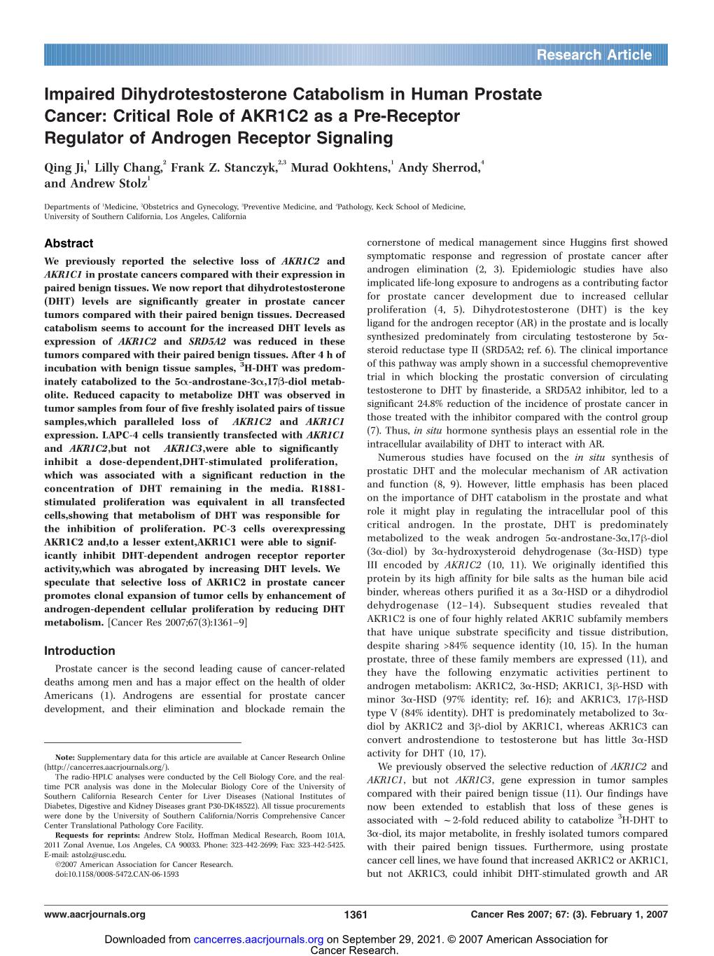 Critical Role of AKR1C2 As a Pre-Receptor Regulator of Androgen Receptor Signaling