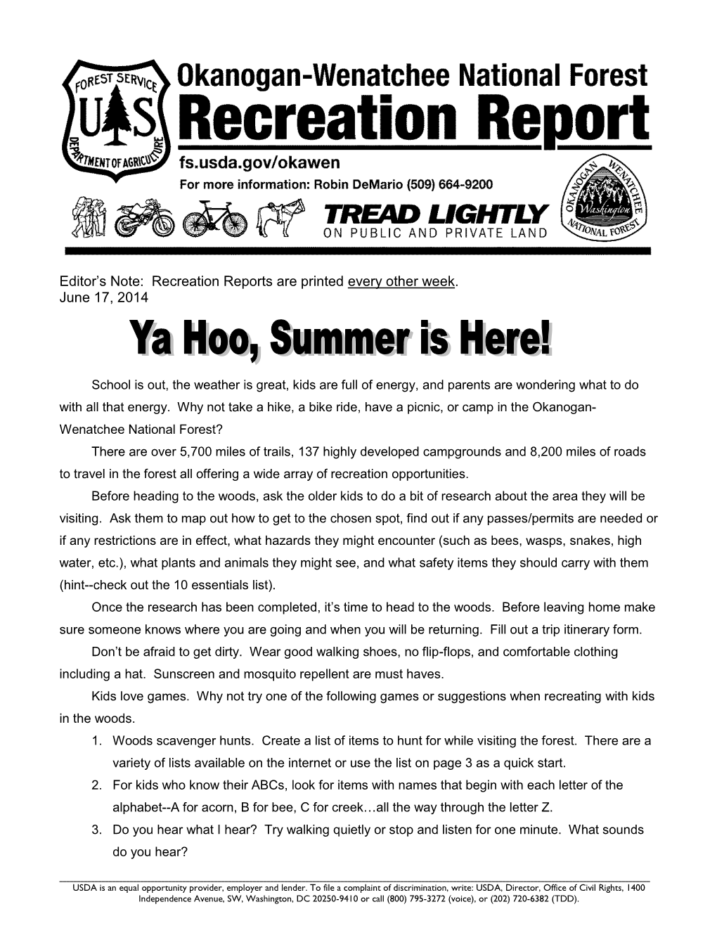 Recreation Reports Are Printed Every Week Through Memorial