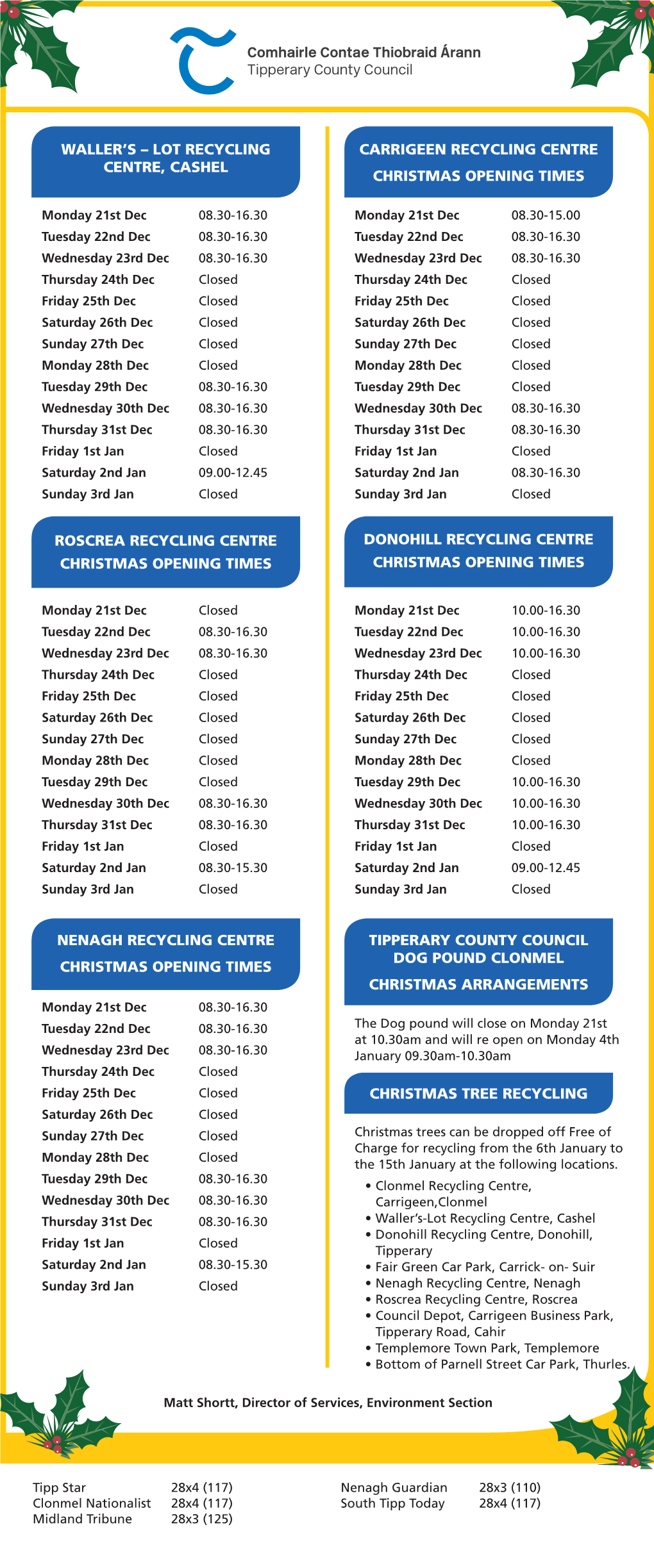 Carrigeen Recycling Centre Christmas Opening Times