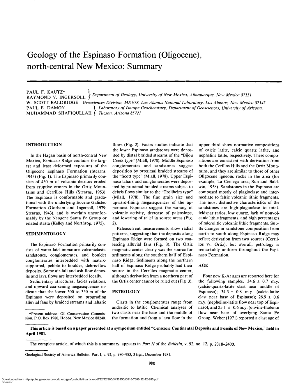 Geology of the Espinaso Formation (Oligocene), North-Central New Mexico: Summary