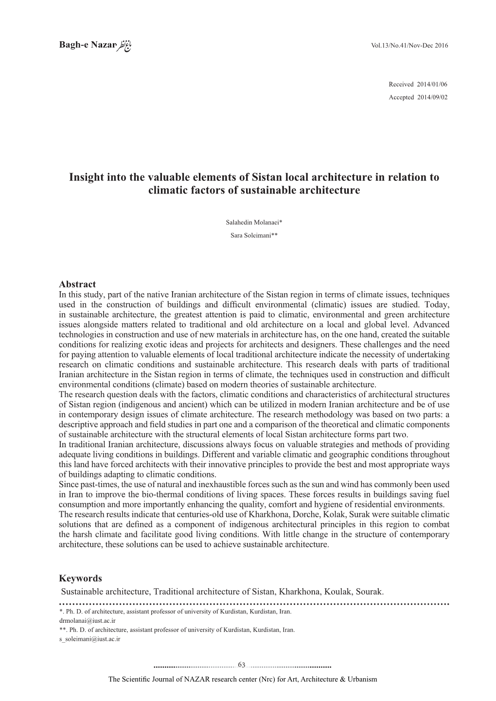 Insight Into the Valuable Elements of Sistan Local Architecture in Relation to Climatic Factors of Sustainable Architecture