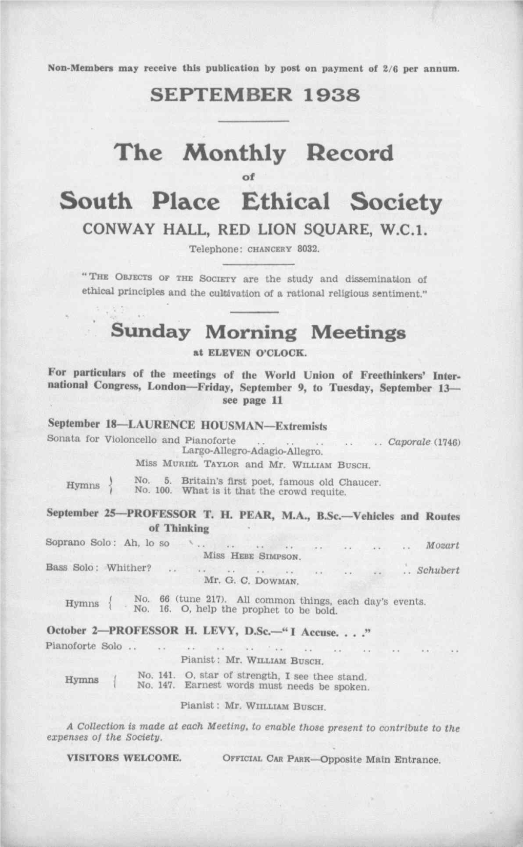 The Monthly Record South Place Ethical Society
