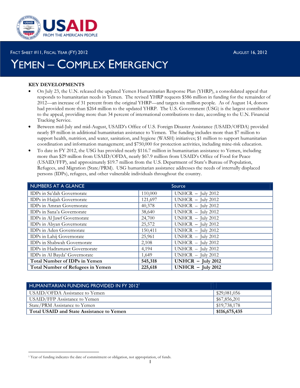 08.16.12-USAID-DCHA Yemen Complex Emergency