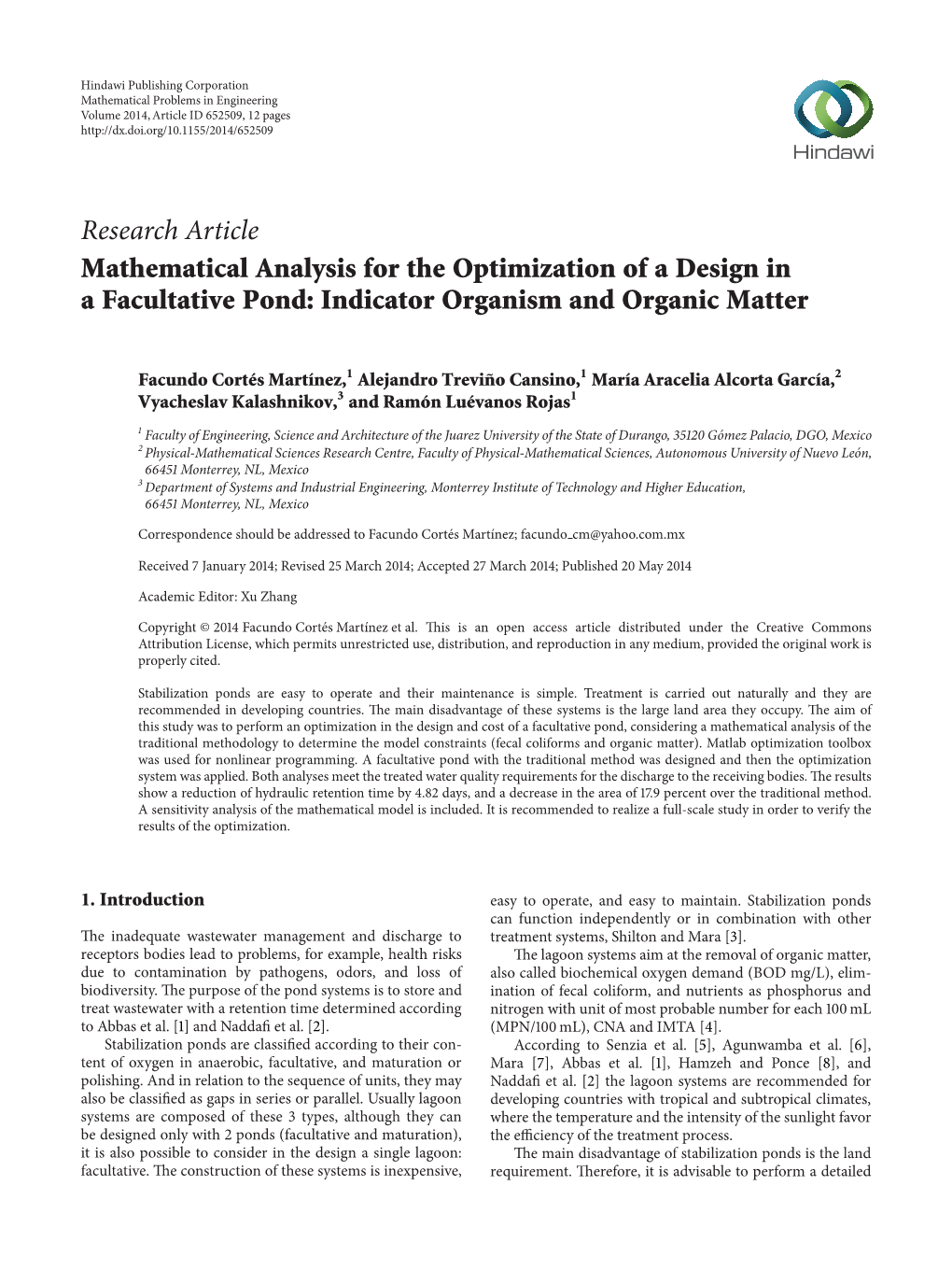 Mathematical Analysis for the Optimization of a Design in a Facultative Pond: Indicator Organism and Organic Matter