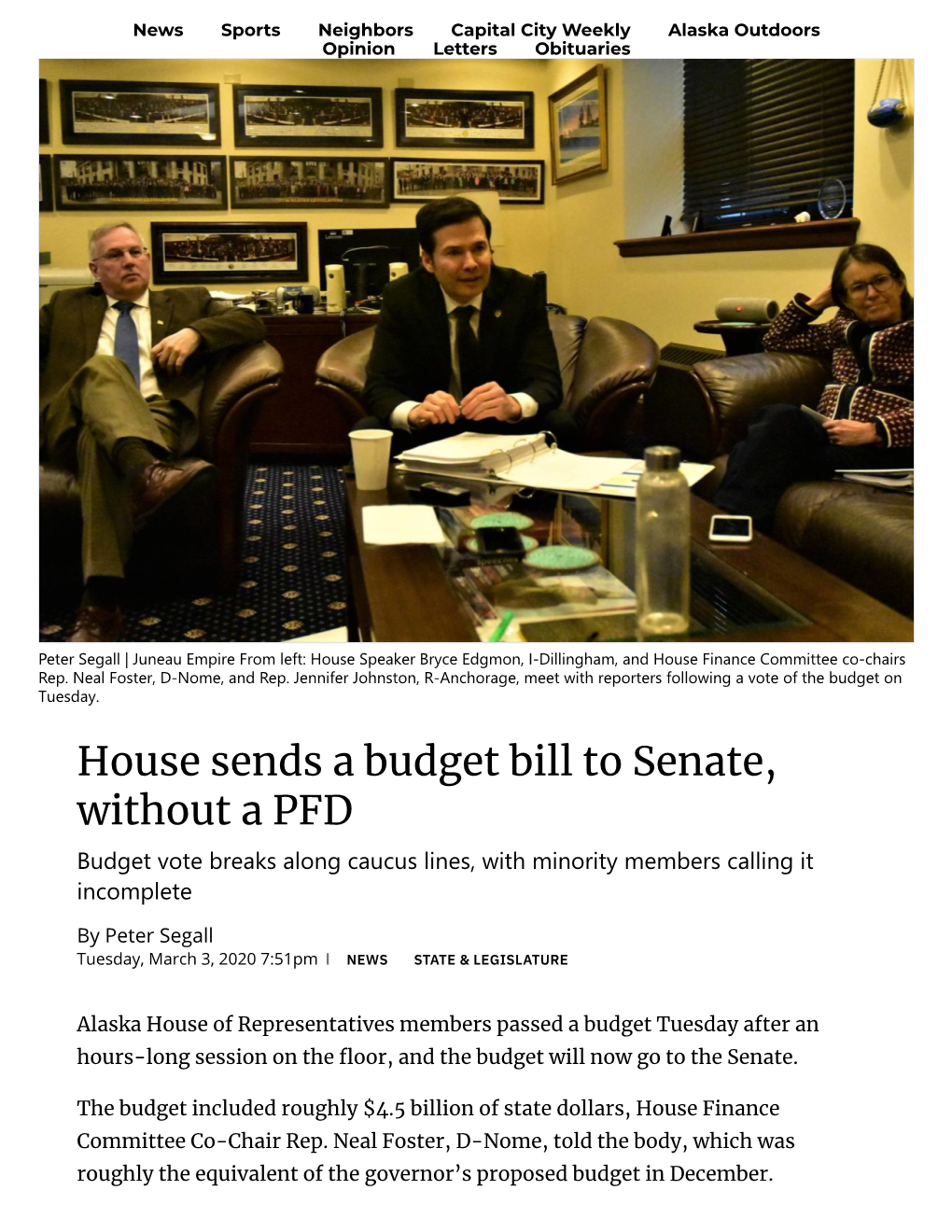 House Sends a Budget Bill to Senate, Without a PFD Budget Vote Breaks Along Caucus Lines, with Minority Members Calling It Incomplete