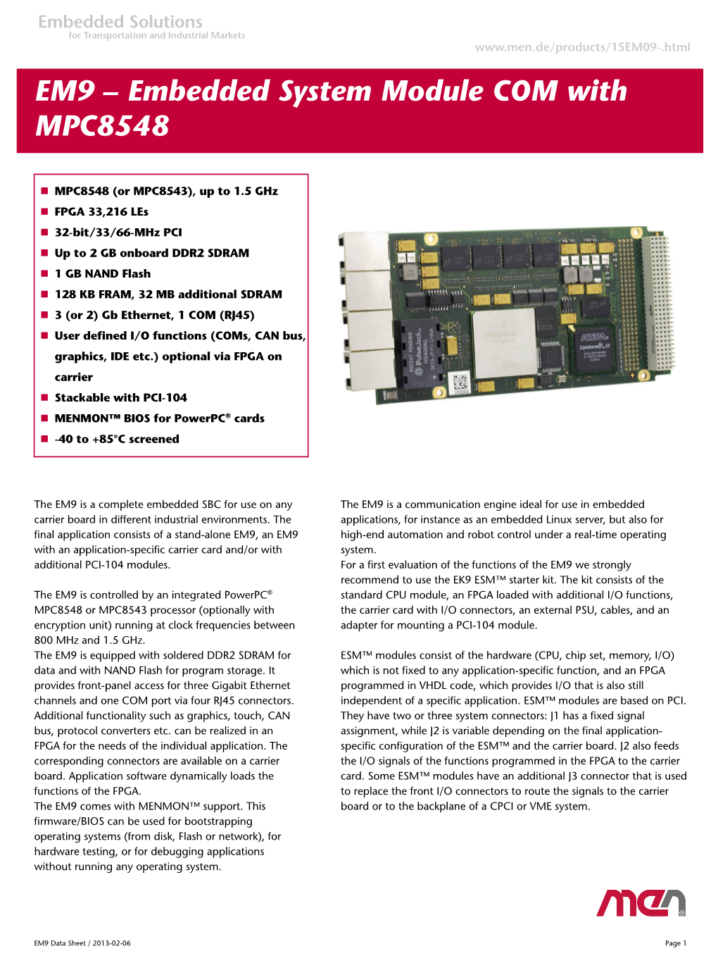 EM9 – Embedded System Module COM with MPC8548