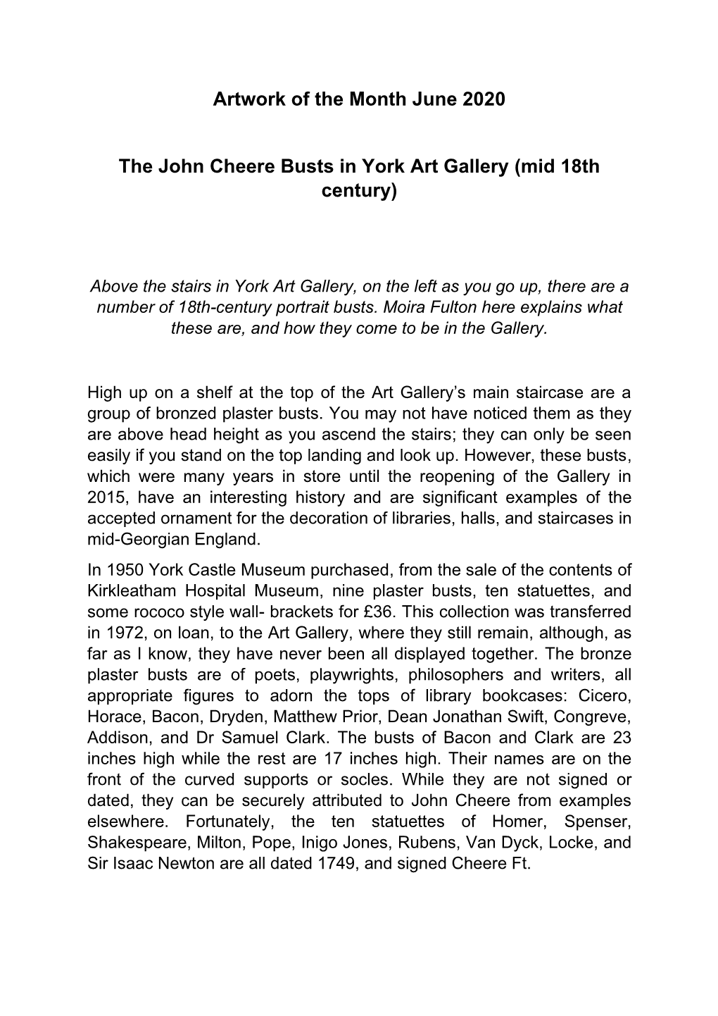 Artwork of the Month June 2020 the John Cheere Busts in York Art Gallery