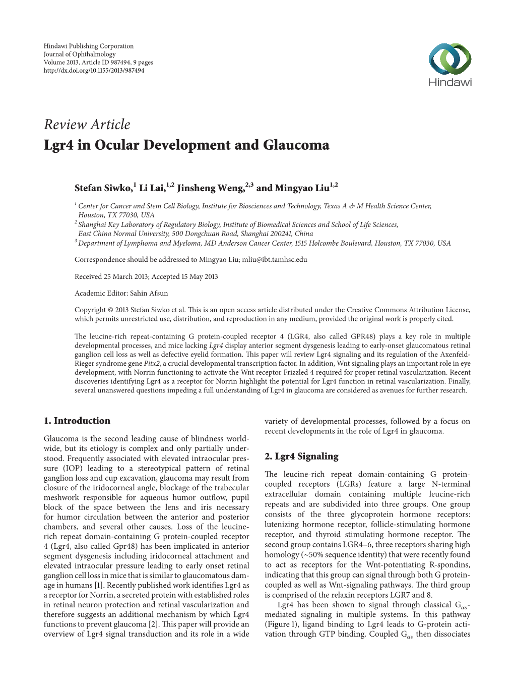 Review Article Lgr4 in Ocular Development and Glaucoma