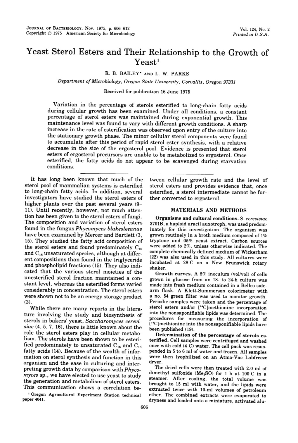 Yeast Sterol Esters and Theirrelationship to the Growth Of