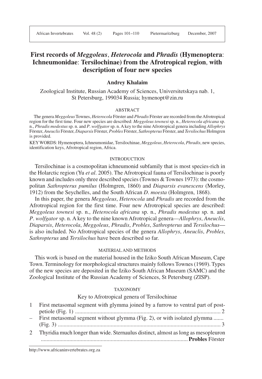 (Hymenoptera: Ichneumonidae: Tersilochinae) from the Afrotropical Region, with Description of Four New Species