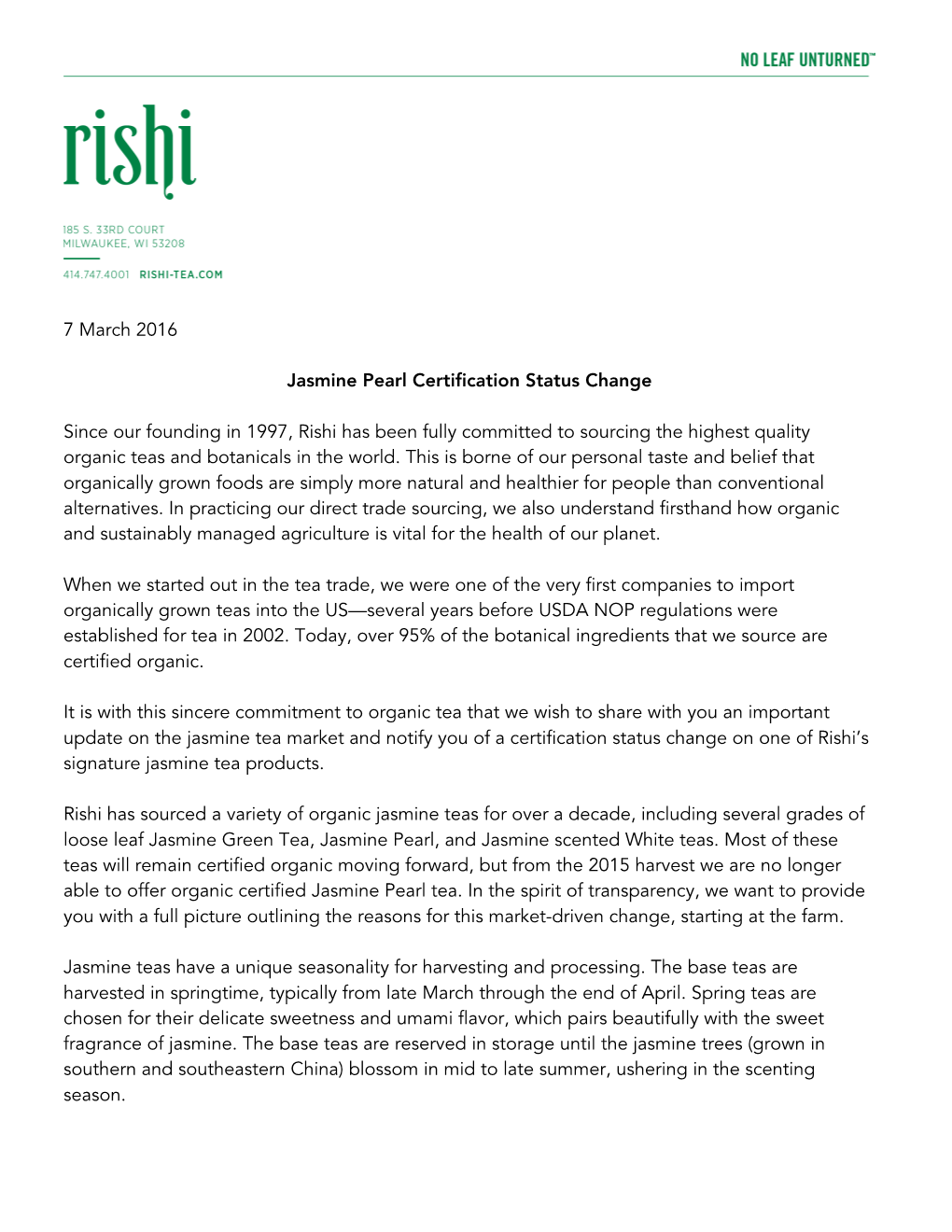 Rishi Jasmine Pearl Certification Status Change