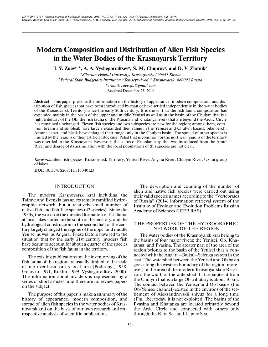 Modern Composition and Distribution of Alien Fish Species in the Water Bodies of the Krasnoyarsk Territory I