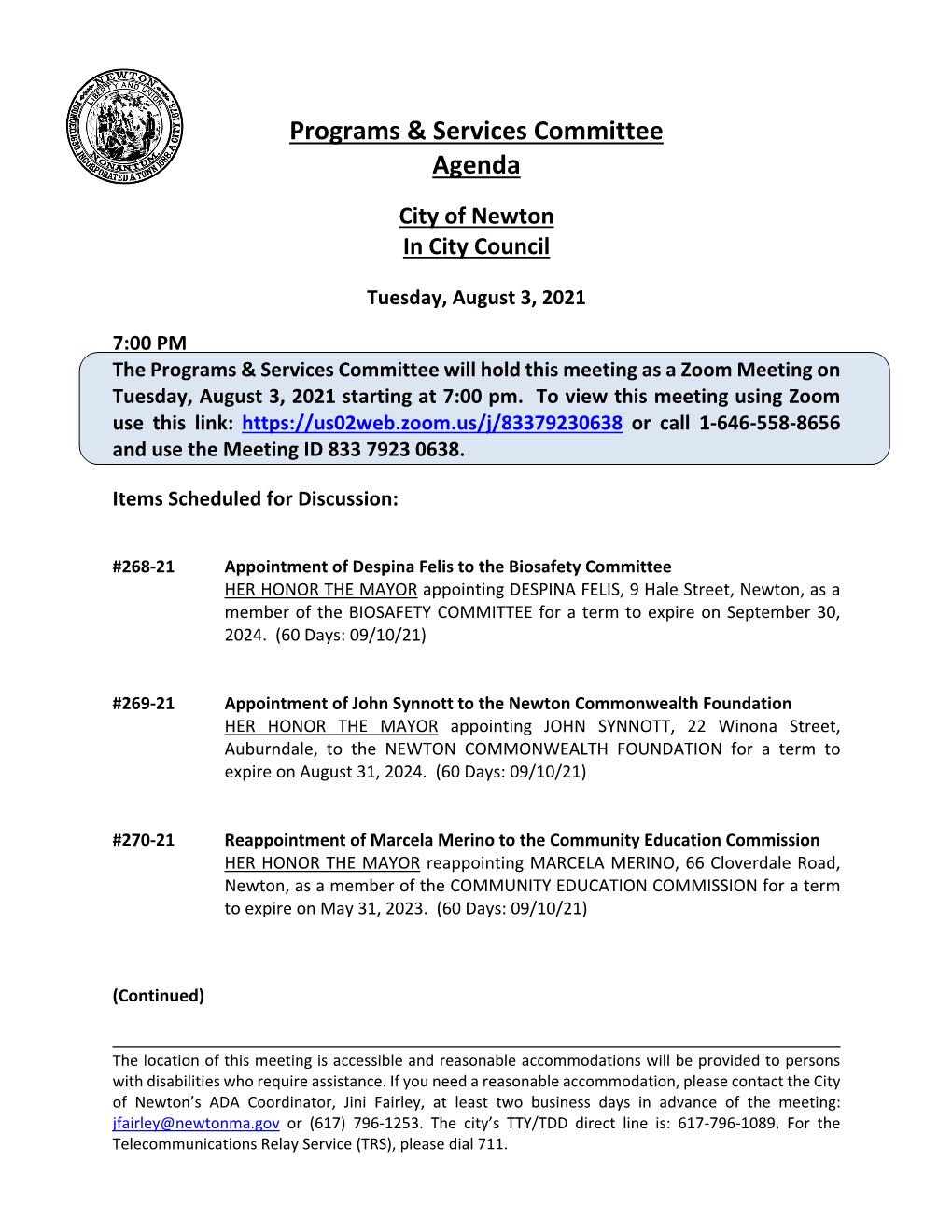 Programs & Services Committee Agenda