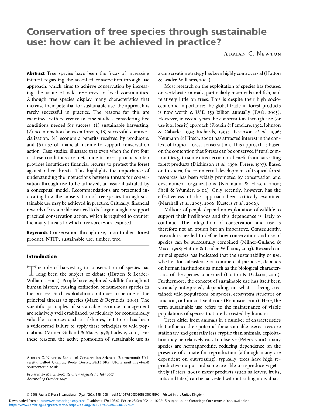 Conservation of Tree Species Through Sustainable Use: How Can It Be Achieved in Practice? Adrian C