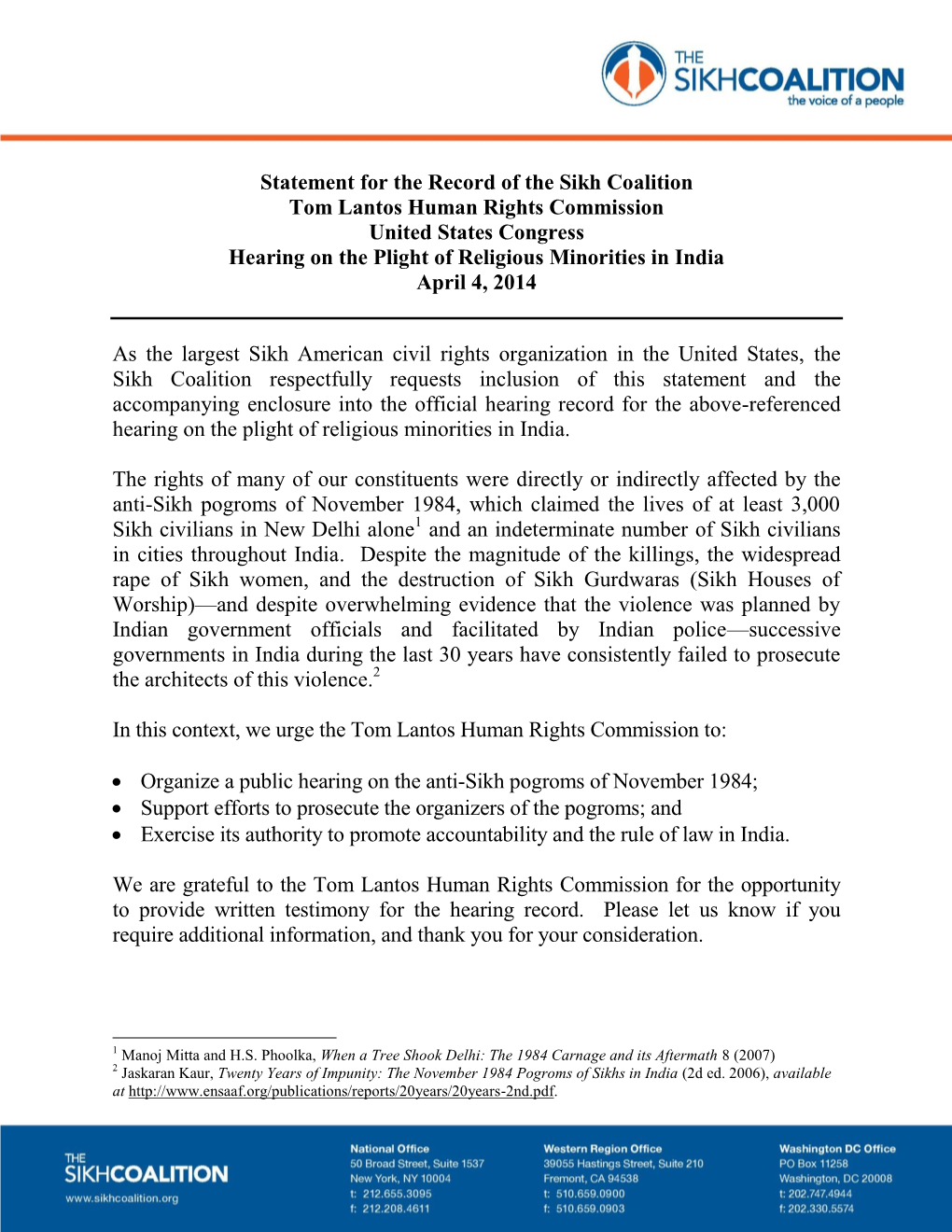 Statement for the Record of the Sikh Coalition Tom Lantos Human