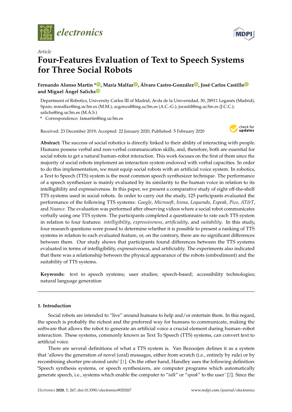 Four-Features Evaluation of Text to Speech Systems for Three Social Robots