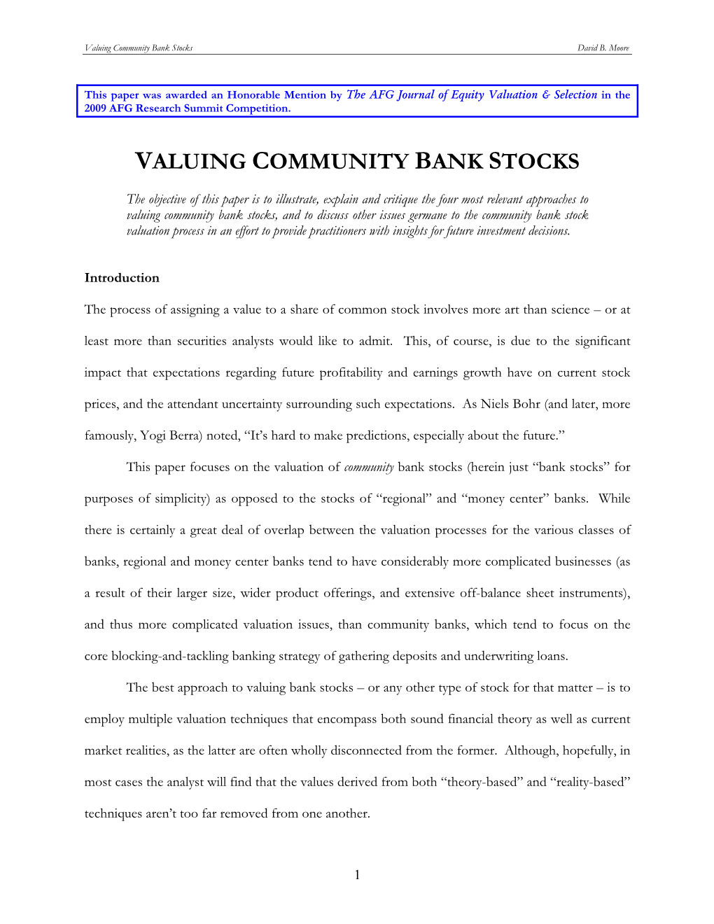 Valuing Community Bank Stocks David B