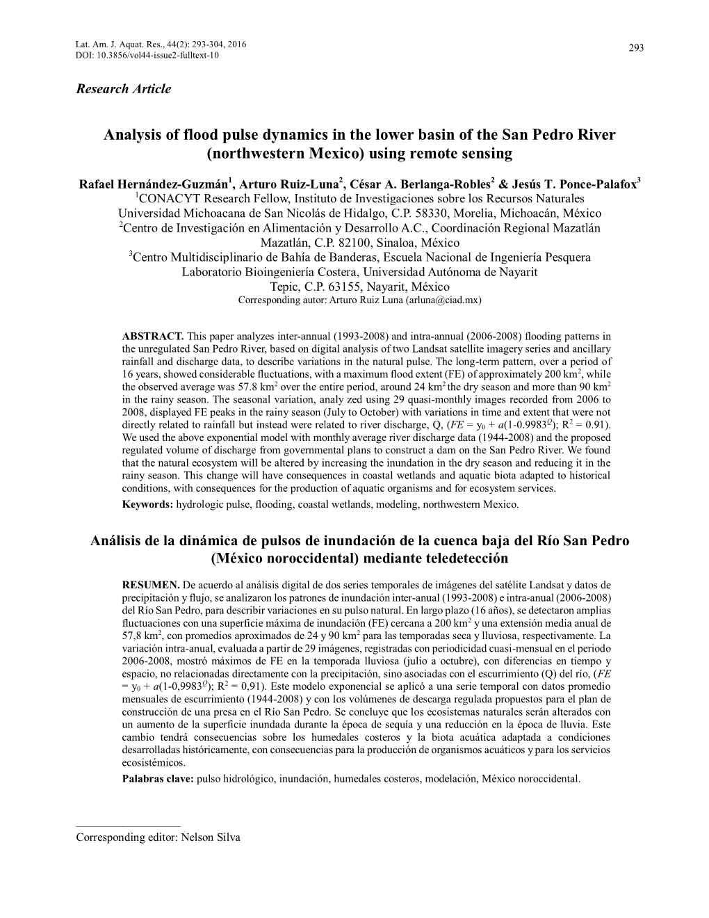 Analysis of Flood Pulse Dynamics in the Lower Basin of the San Pedro River (Northwestern Mexico) Using Remote Sensing