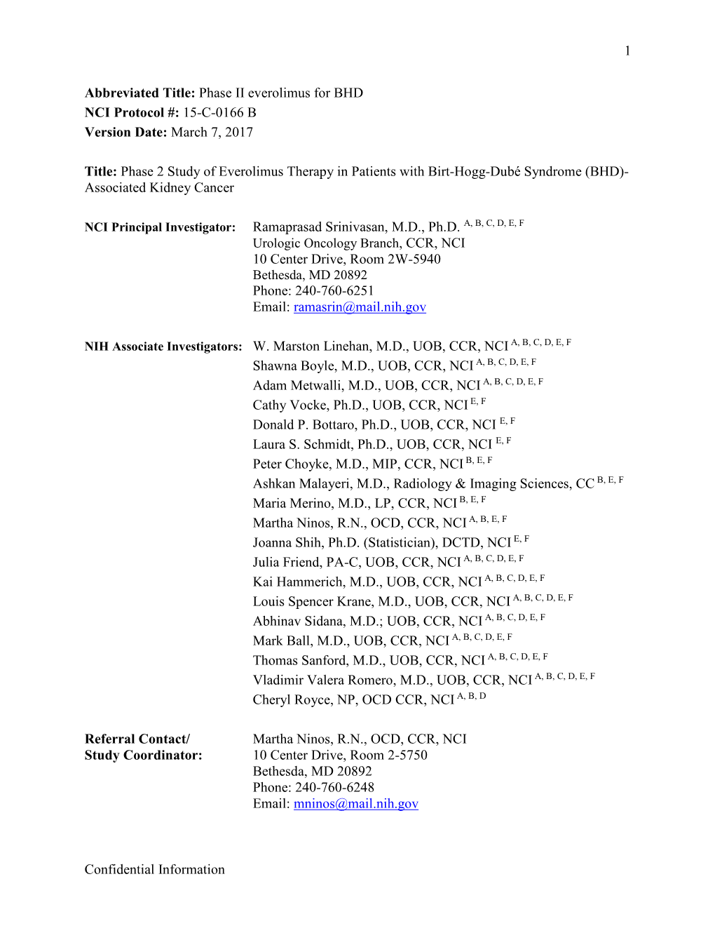 Abbreviated Title: Phase II Everolimus for BHD NCI Protocol #: 15-C-0166 B Version Date: March 7, 2017