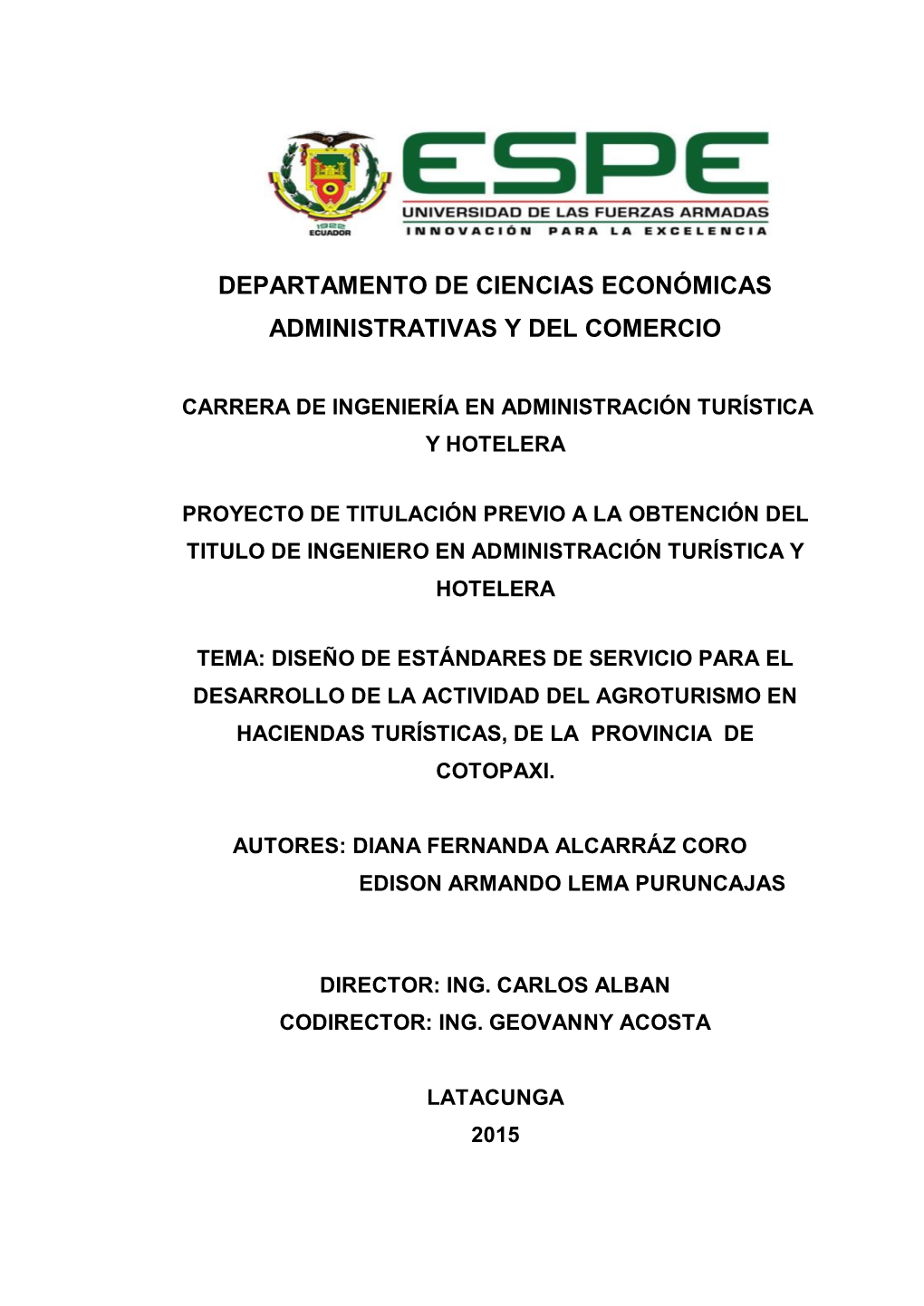 Departamento De Ciencias Económicas Administrativas Y Del Comercio Portada Carrera De Ingeniería En Administración Turística Y Hotelera