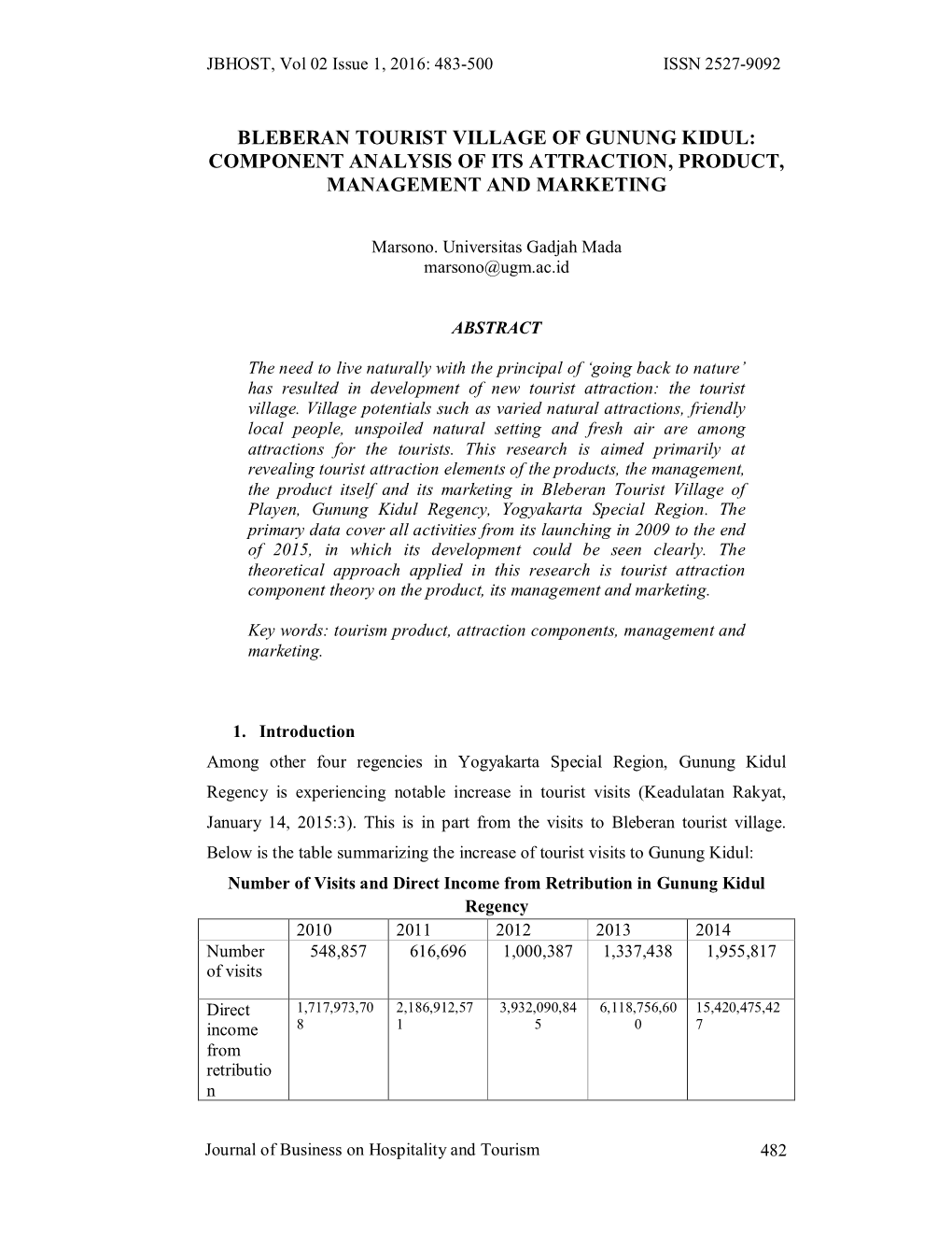 Bleberan Tourist Village of Gunung Kidul: Component Analysis of Its Attraction, Product, Management and Marketing