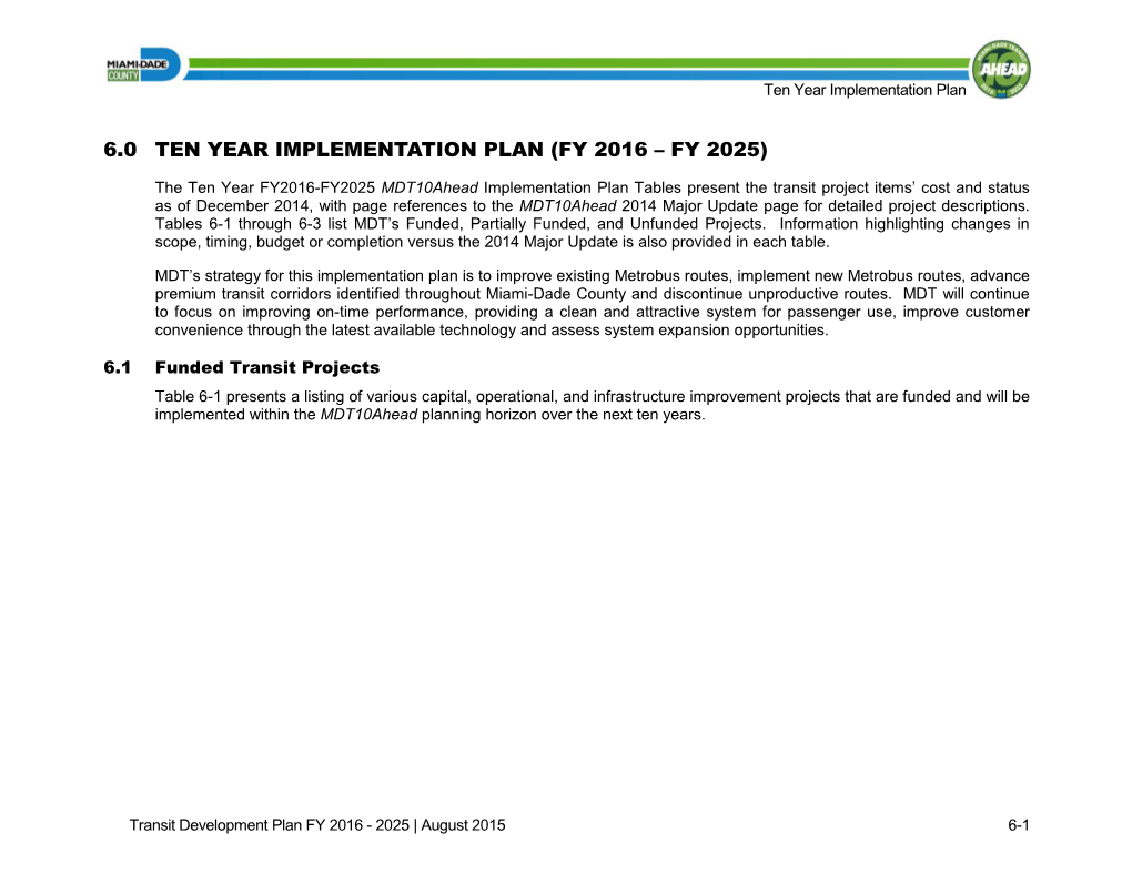 6.0 Ten Year Implementation Plan (Fy 2016 – Fy 2025)