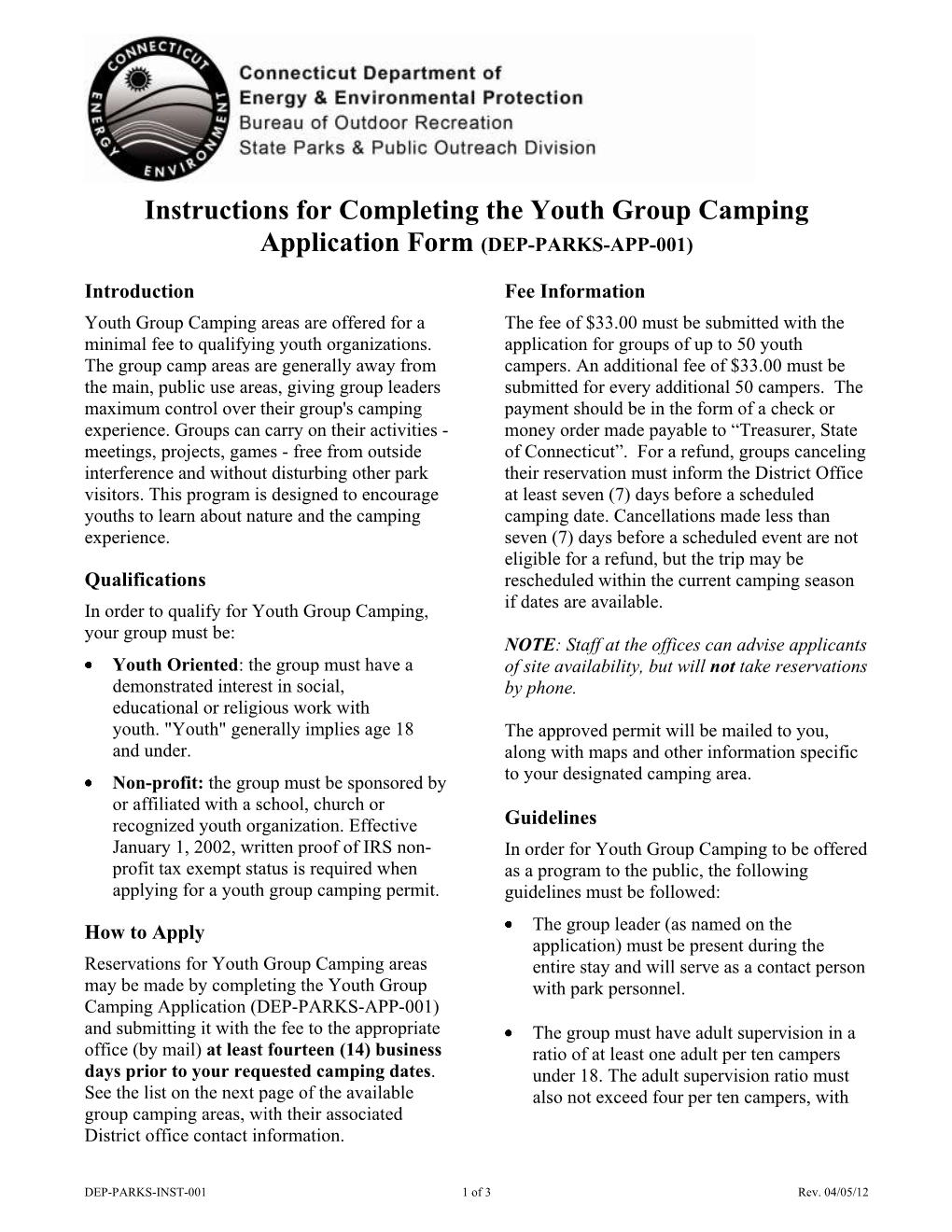 Instructions for Completing the Youth Group Camping Application Form (DEP-PARKS-APP-001)