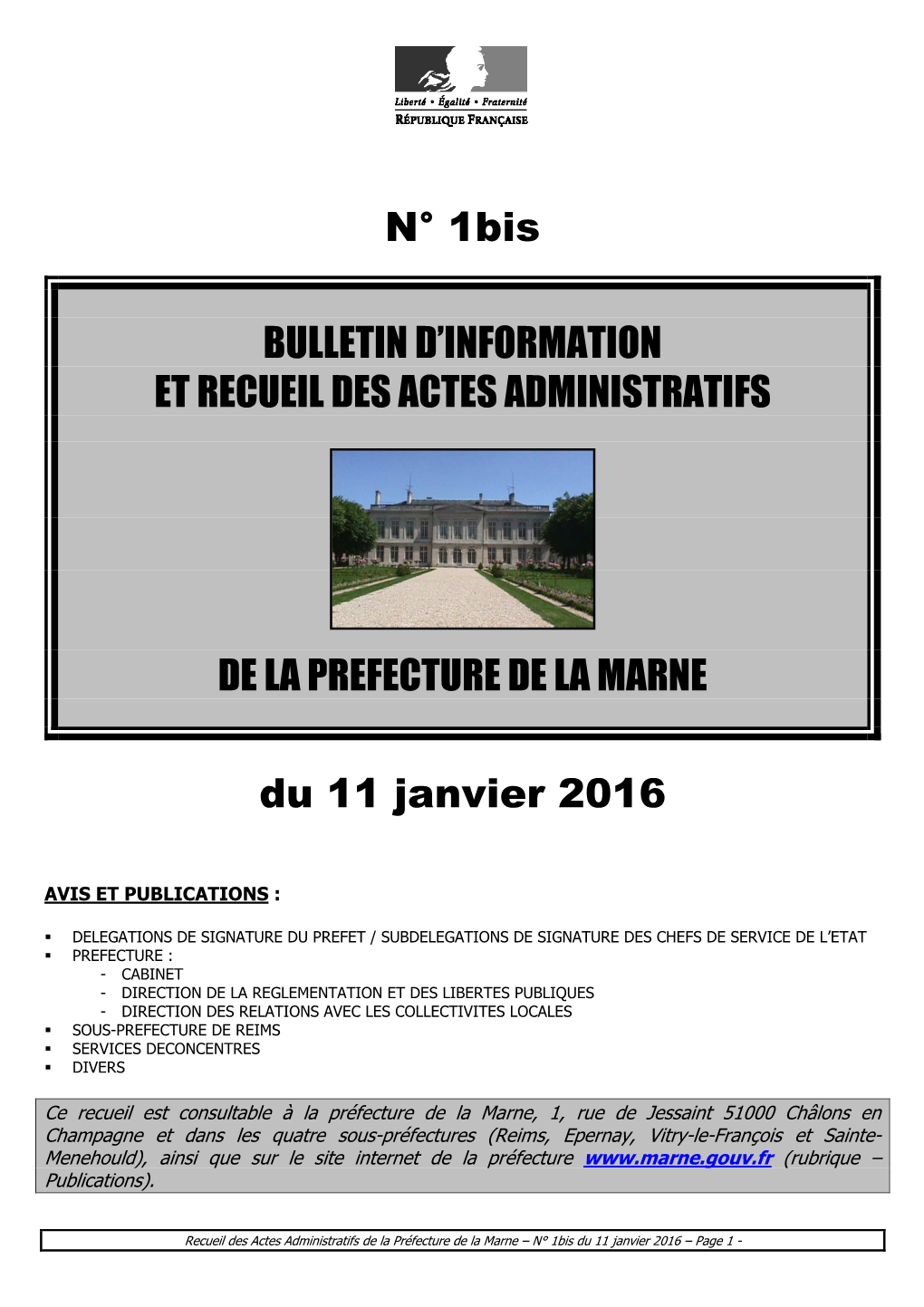 Recueil 1Bis-2016 Du 11 Janvier