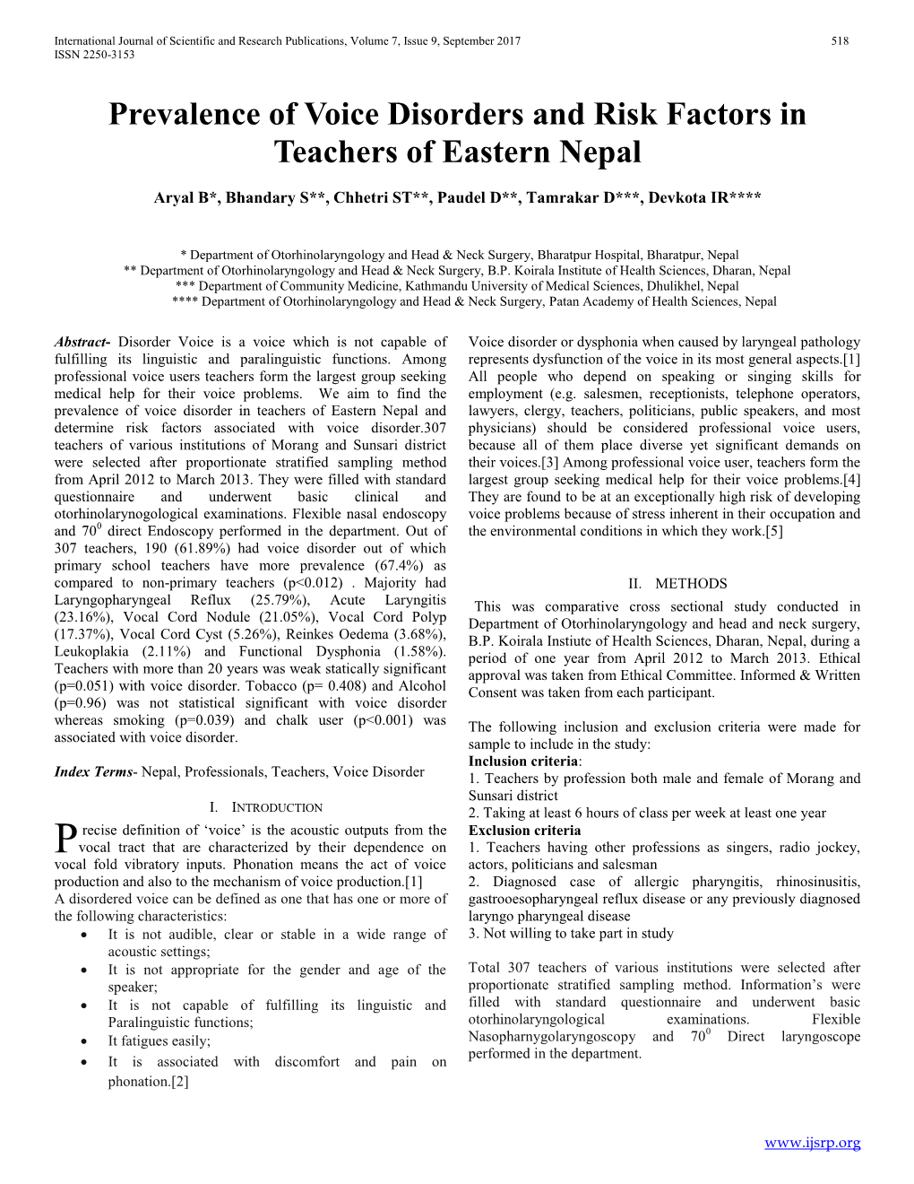 Prevalence of Voice Disorders and Risk Factors in Teachers of Eastern Nepal