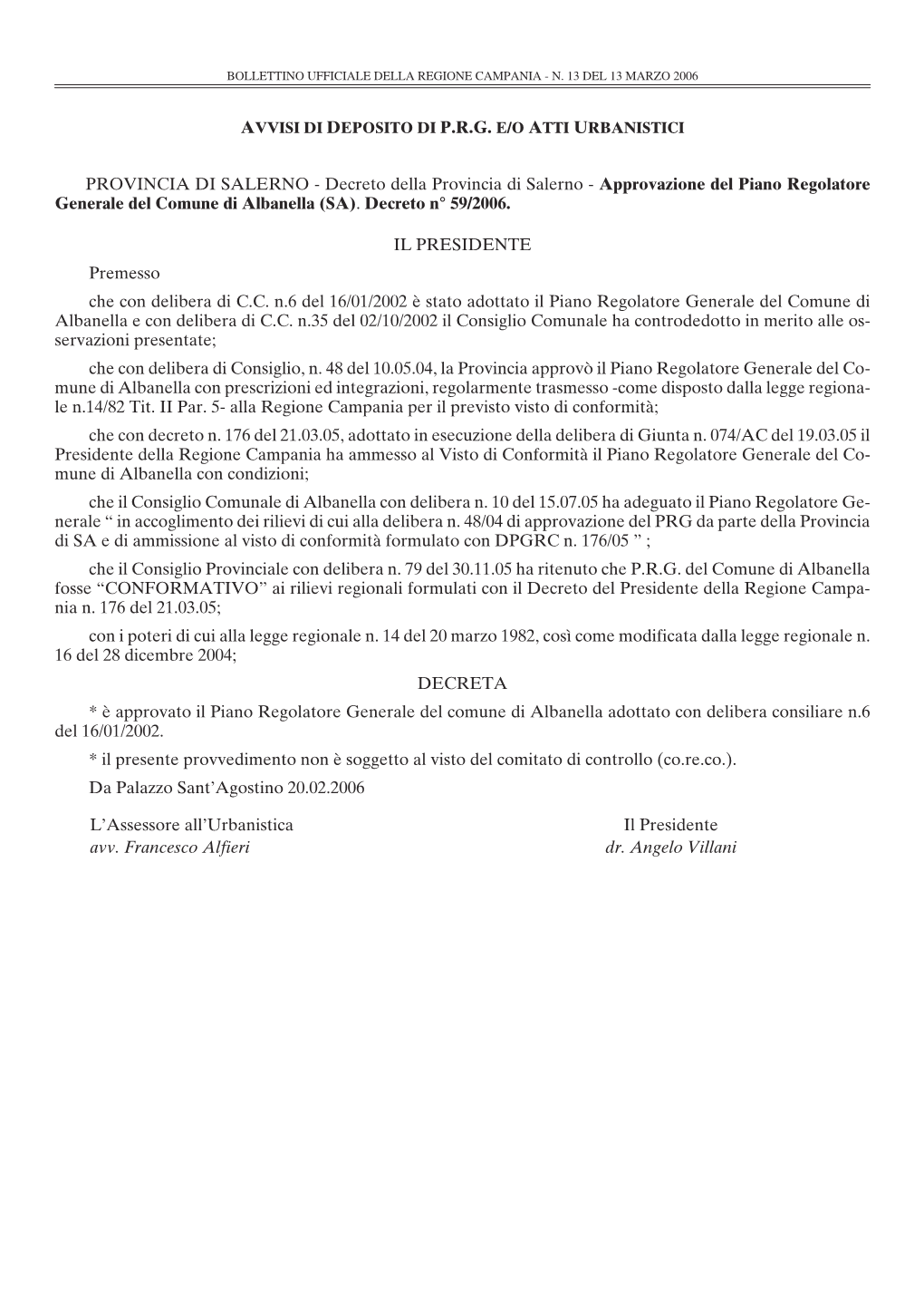 Decreto Della Provincia Di Salerno - Approvazione Del Piano Regolatore Generale Del Comune Di Albanella (SA)