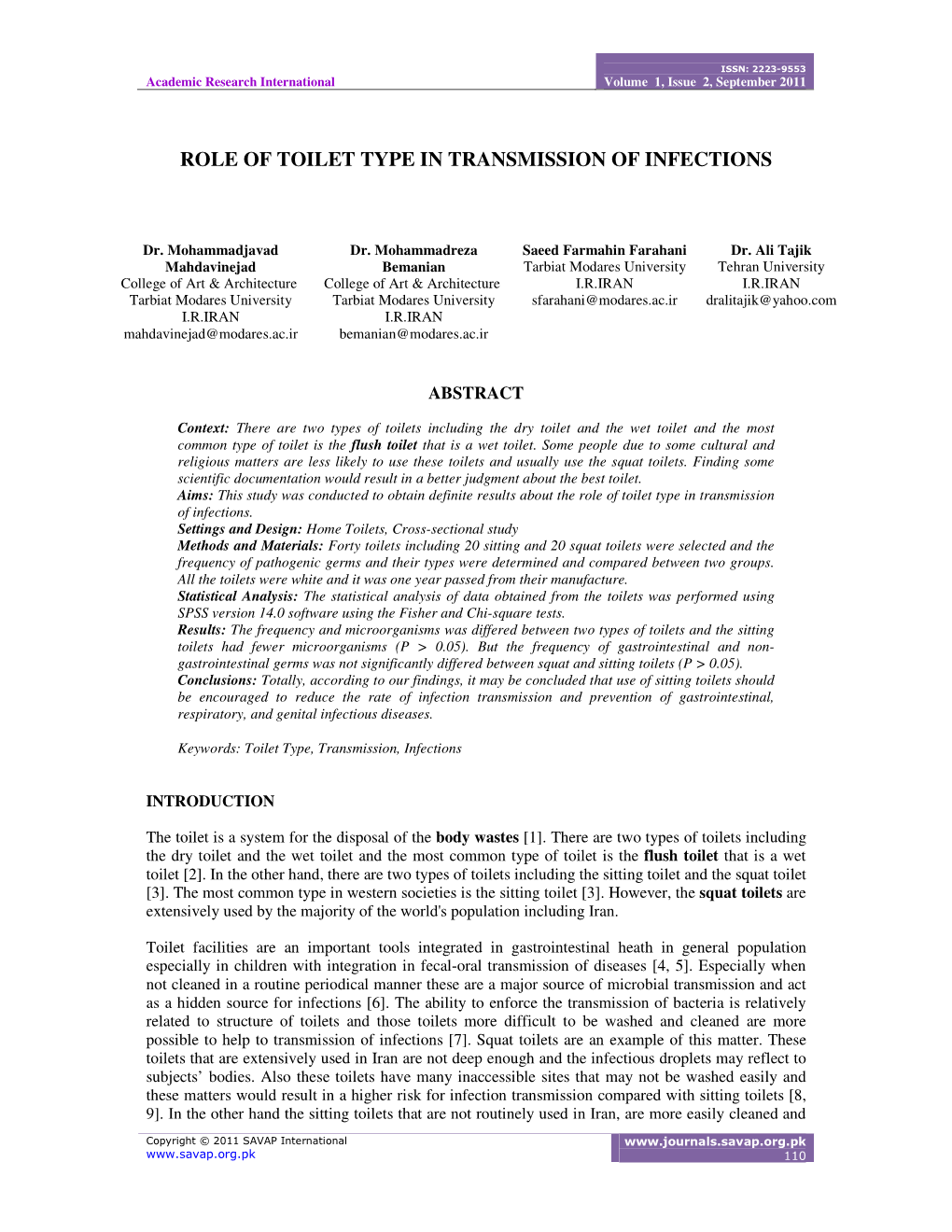 Role of Toilet Type in Transmission of Infections