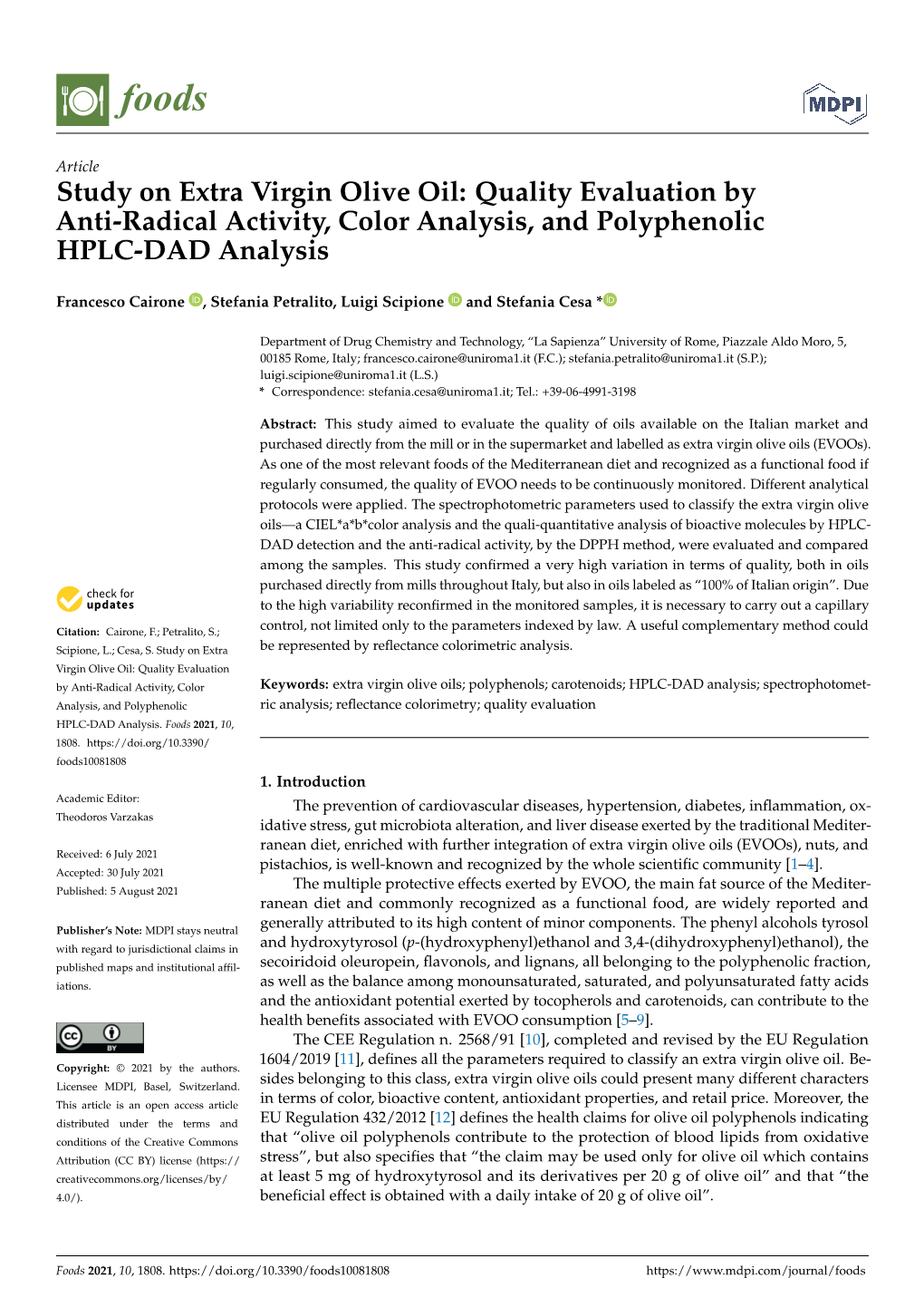 Study on Extra Virgin Olive Oil: Quality Evaluation by Anti-Radical Activity, Color Analysis, and Polyphenolic HPLC-DAD Analysis