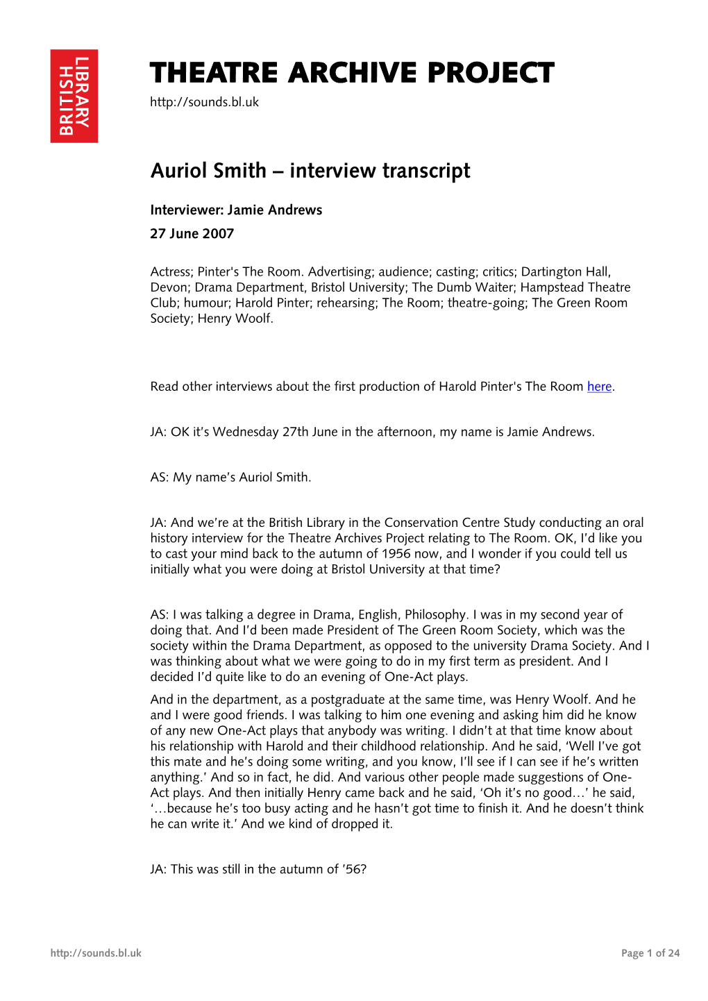 Theatre Archive Project: Interview with Auriol Smith