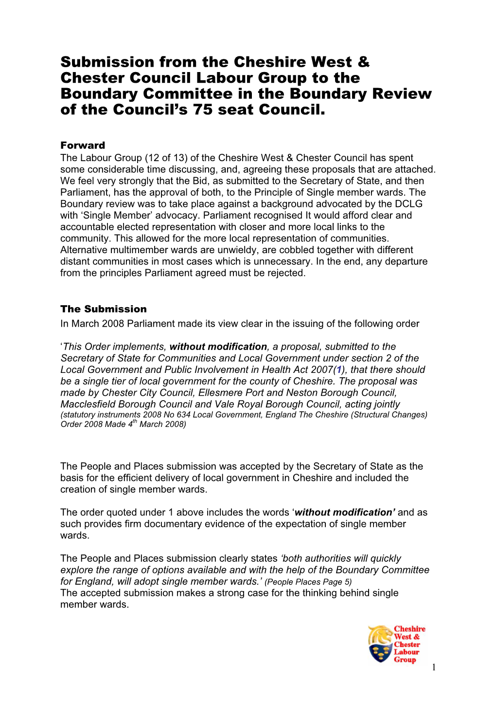 Submission from the Cheshire West & Chester Council Labour Group To