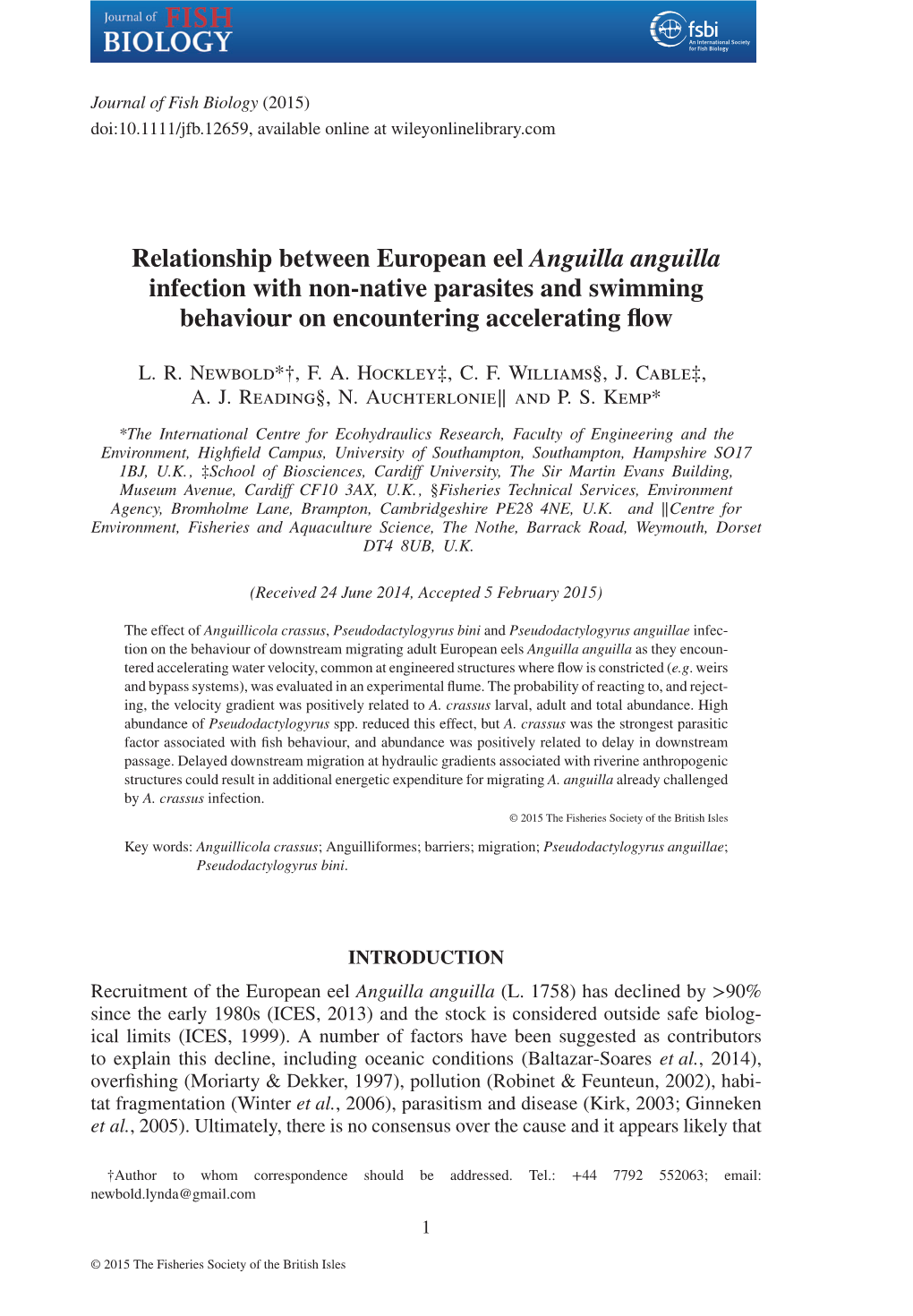 Relationship Between European Eel Anguilla Anguilla Infection with Non-Native Parasites and Swimming Behaviour on Encountering Accelerating Flow