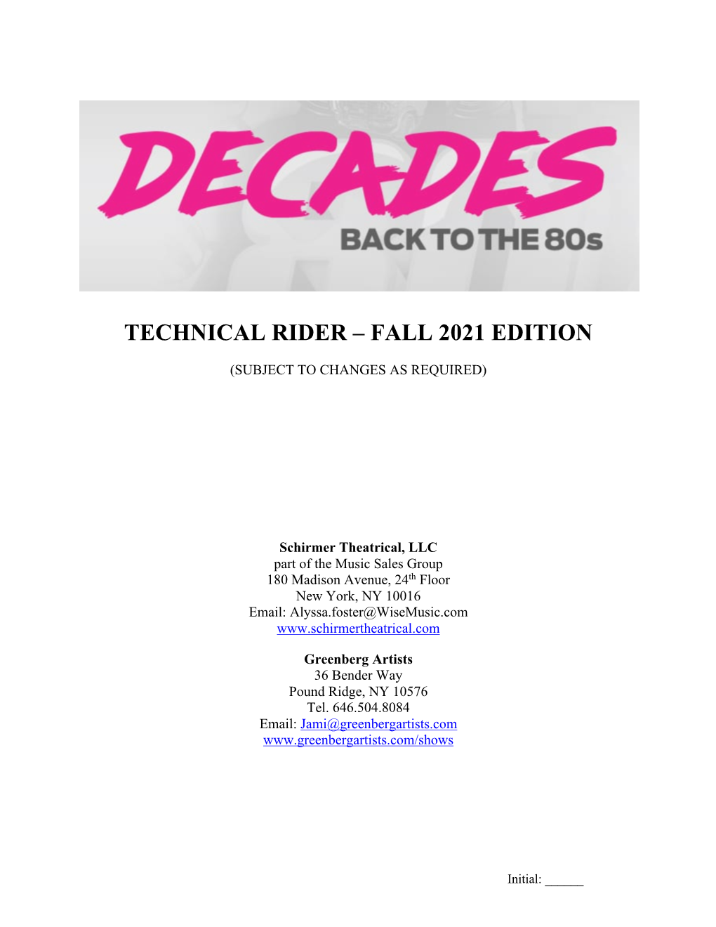 Technical Rider – Fall 2021 Edition