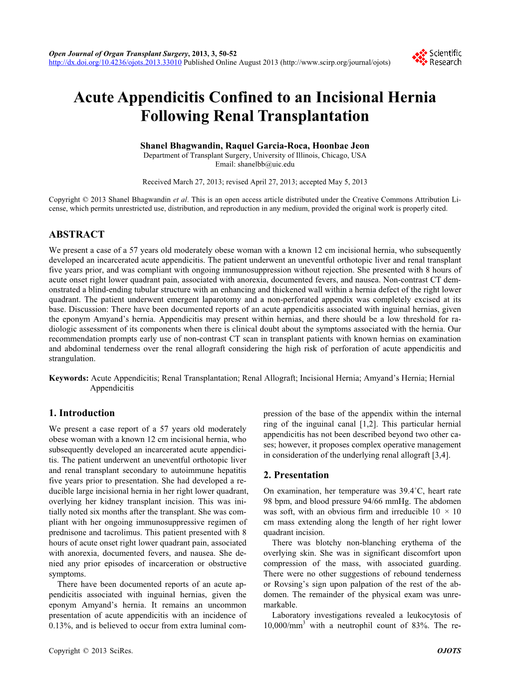 Acute Appendicitis Confined to an Incisional Hernia Following Renal Transplantation