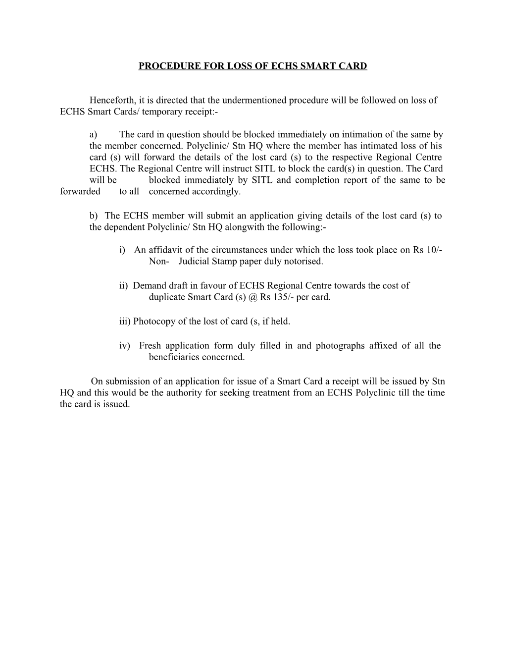 Procedure for Loss of Echs Smart Card