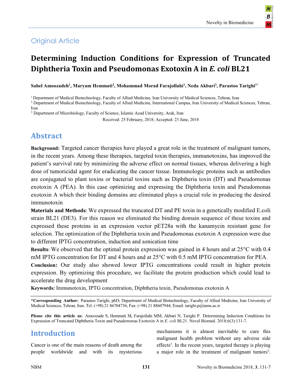 Determining Induction Conditions for Expression of Truncated Diphtheria Toxin and Pseudomonas Exotoxin a in E