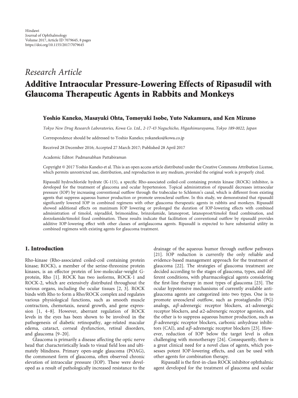 Research Article Additive Intraocular Pressure-Lowering Effects of Ripasudil with Glaucoma Therapeutic Agents in Rabbits and Monkeys