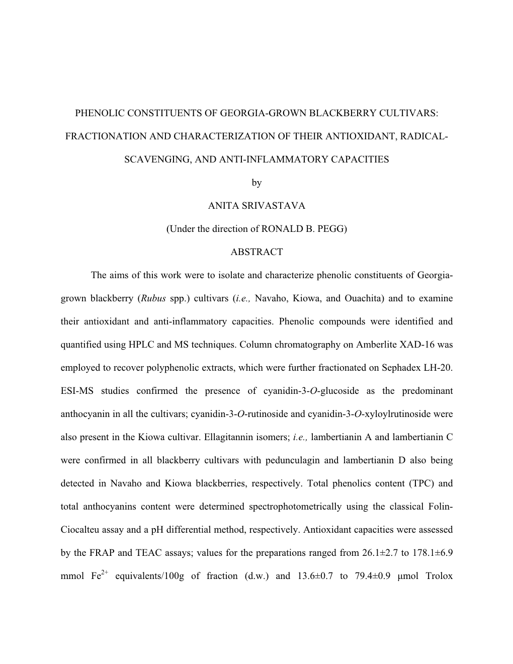 Phenolic Constituents of Georgia-Grown Blackberry Cultivars