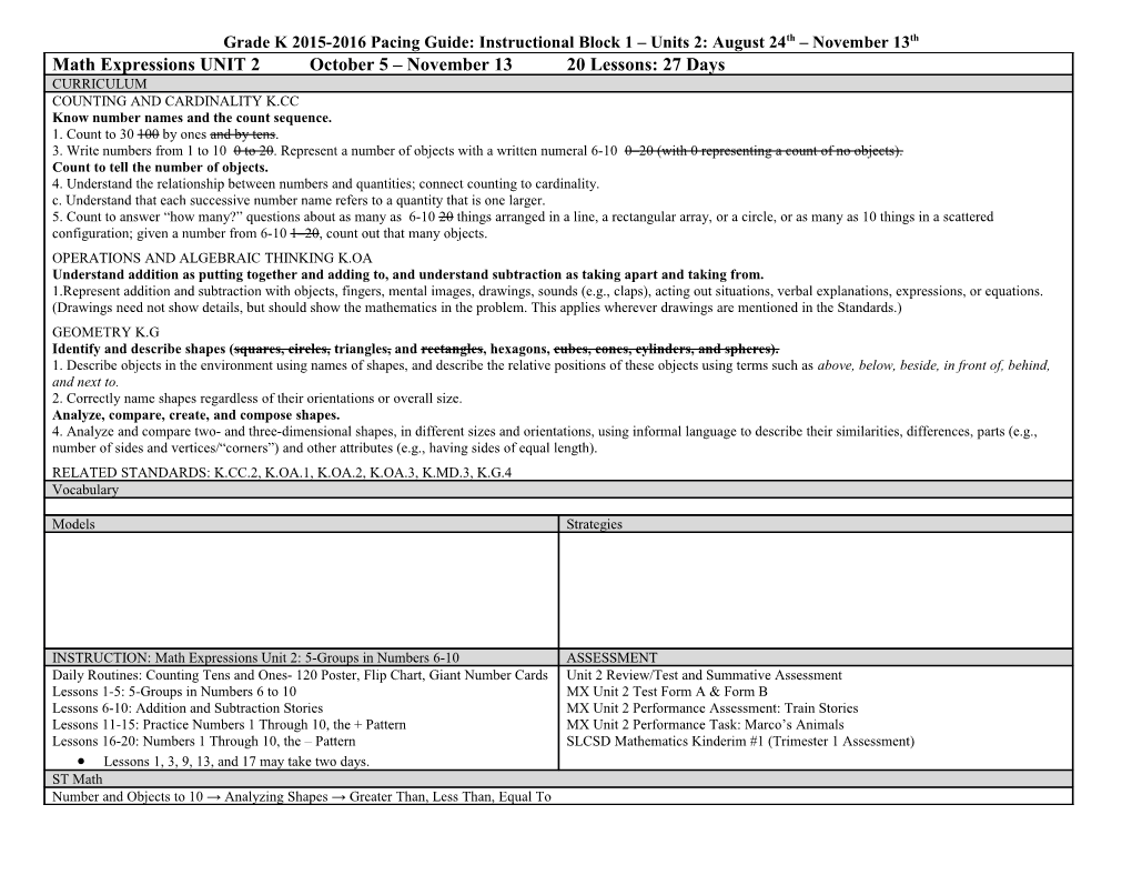 Grade K 2015-2016 Pacing Guide: Instructional Block 1 Units 2: August 24Th November 13Th