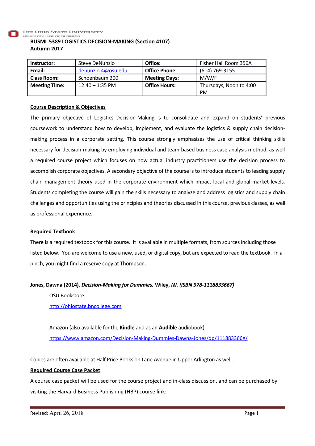 BUSML 5389 LOGISTICS DECISION-MAKING (Section 4107)