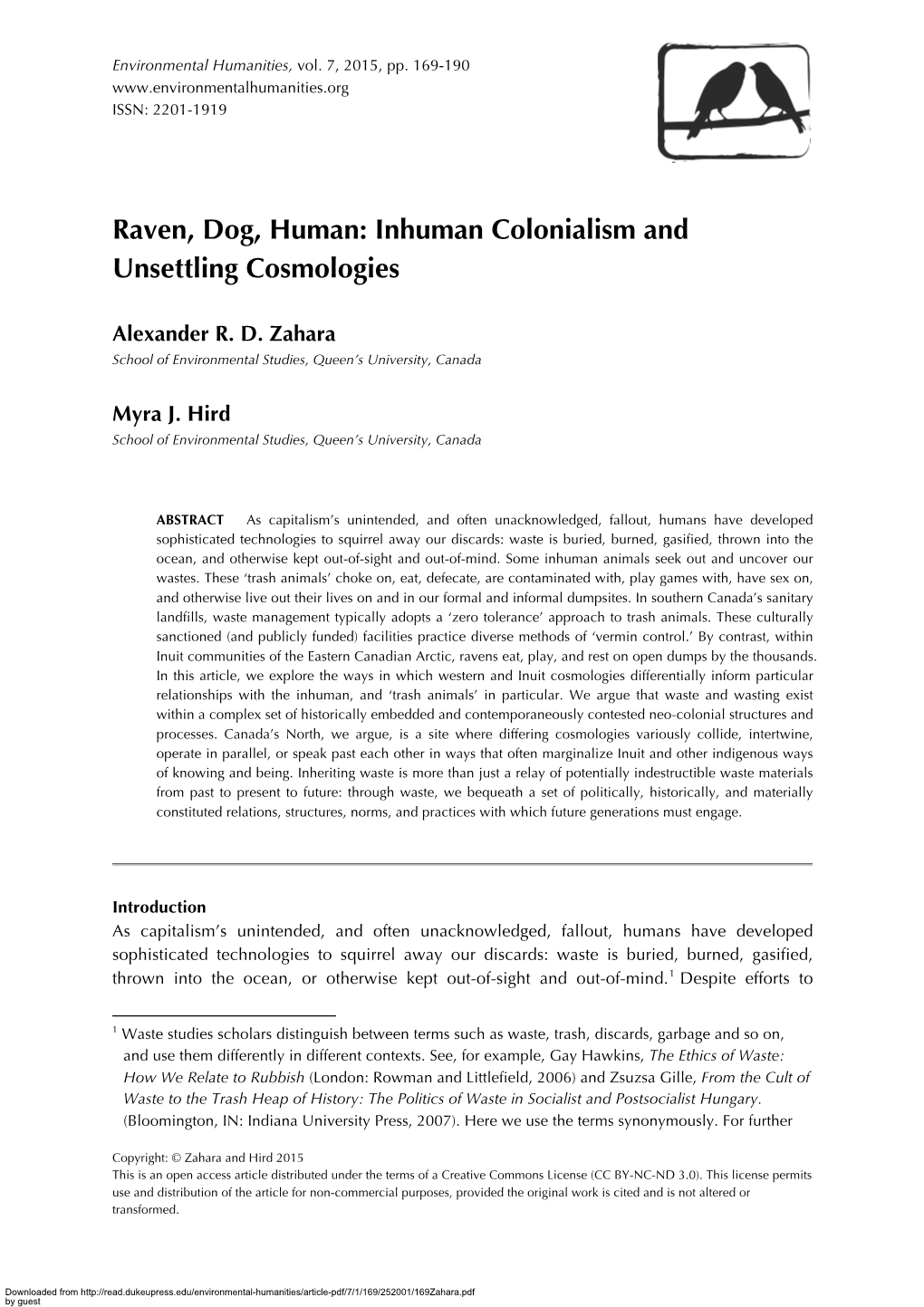 Raven, Dog, Human: Inhuman Colonialism and Unsettling Cosmologies