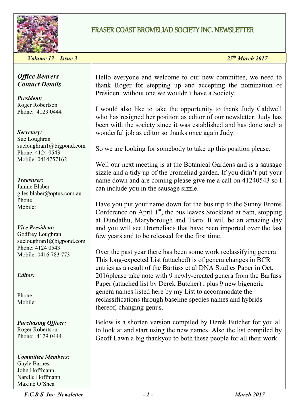 Fraser Coast Bromeliad Society Inc. Newsletter