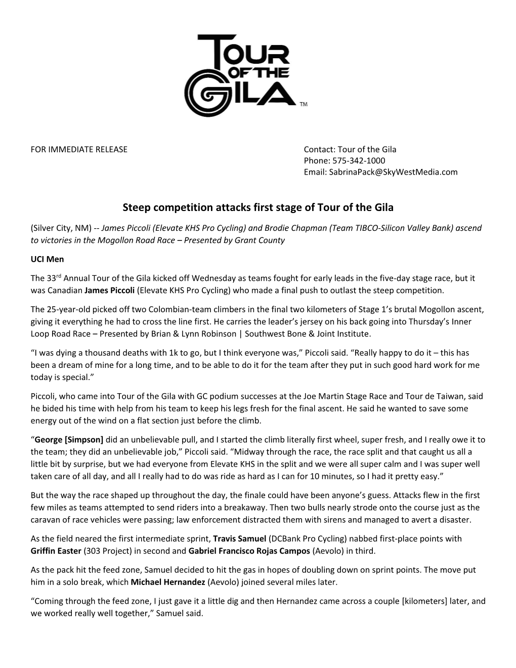 Steep Competition Attacks First Stage of Tour of the Gila