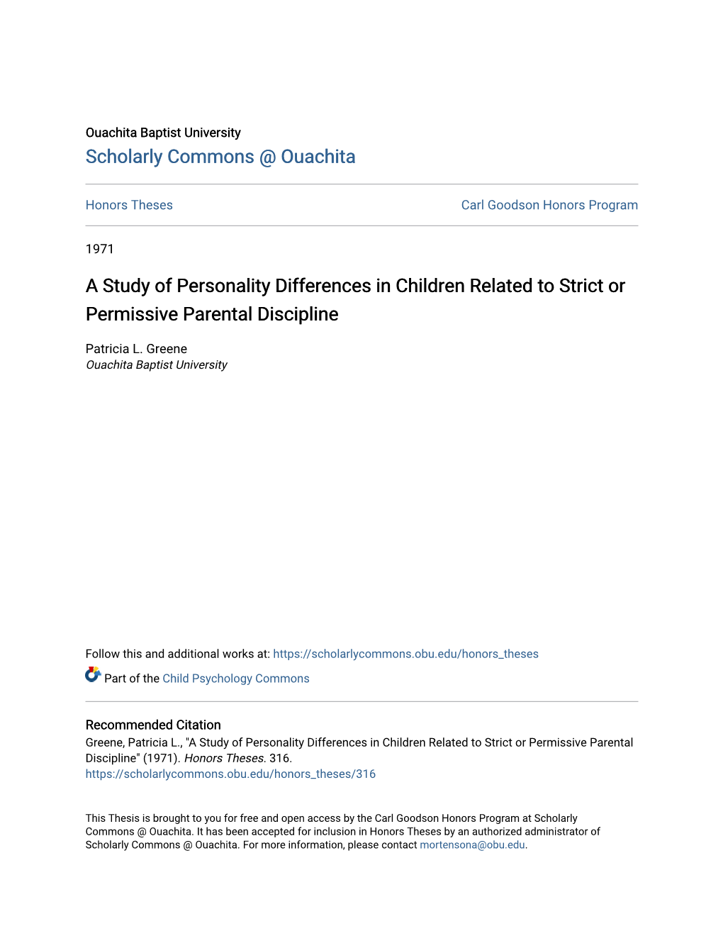 A Study of Personality Differences in Children Related to Strict Or Permissive Parental Discipline
