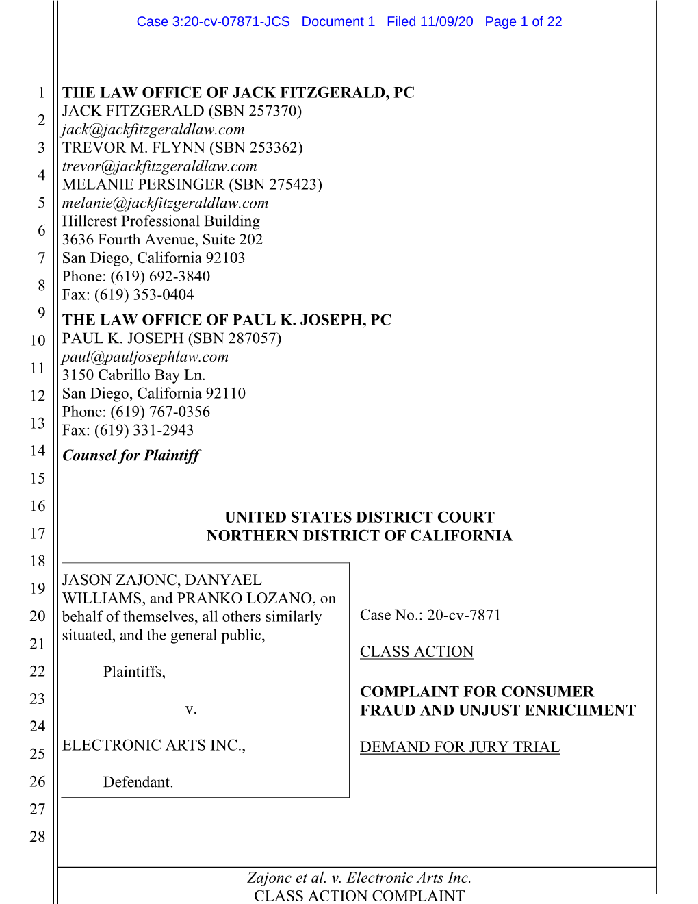 Zajonc Et Al. V. Electronic Arts Inc