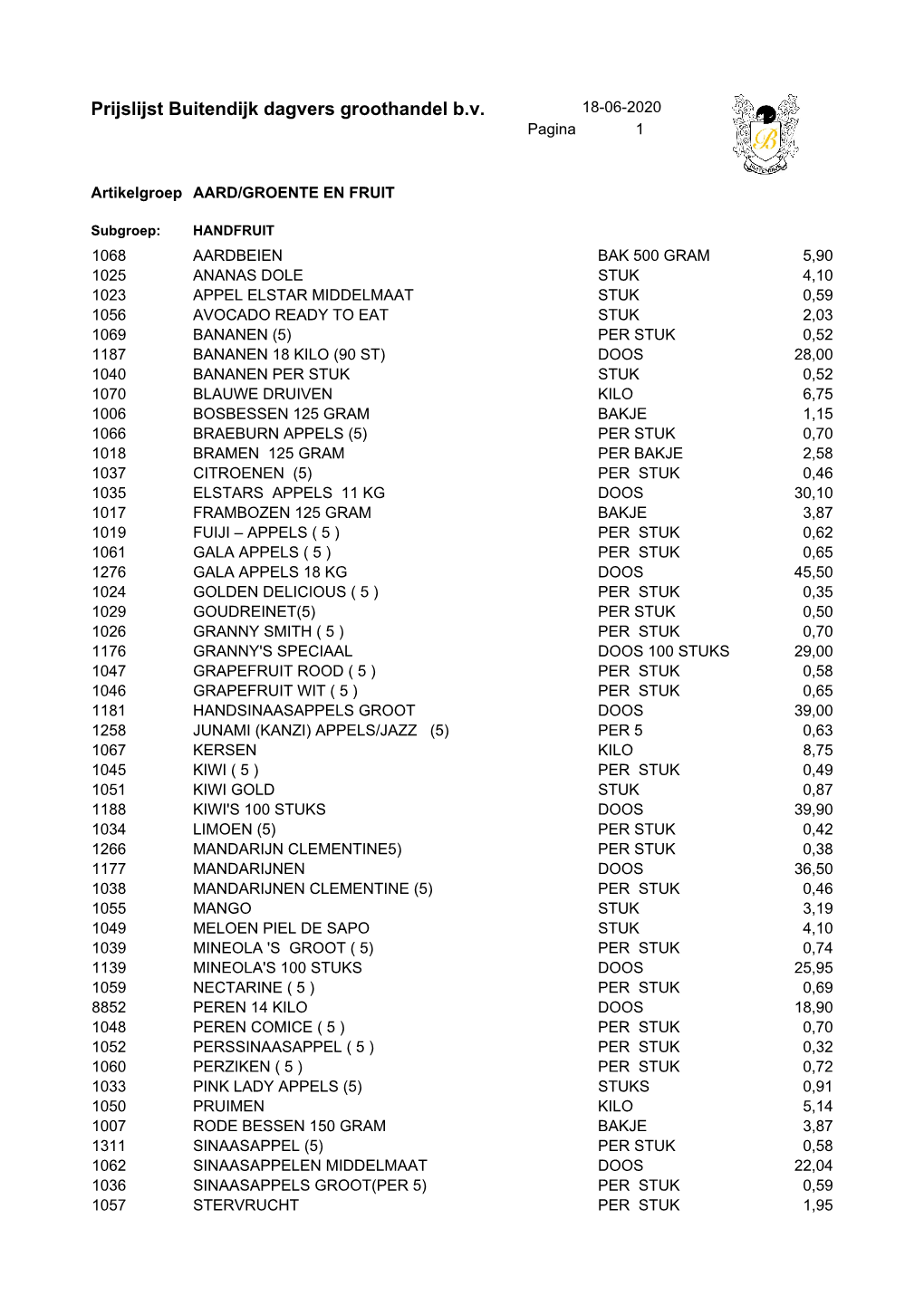 Prijslijst Buitendijk Dagvers Groothandel B.V. 18-06-2020 Pagina 1