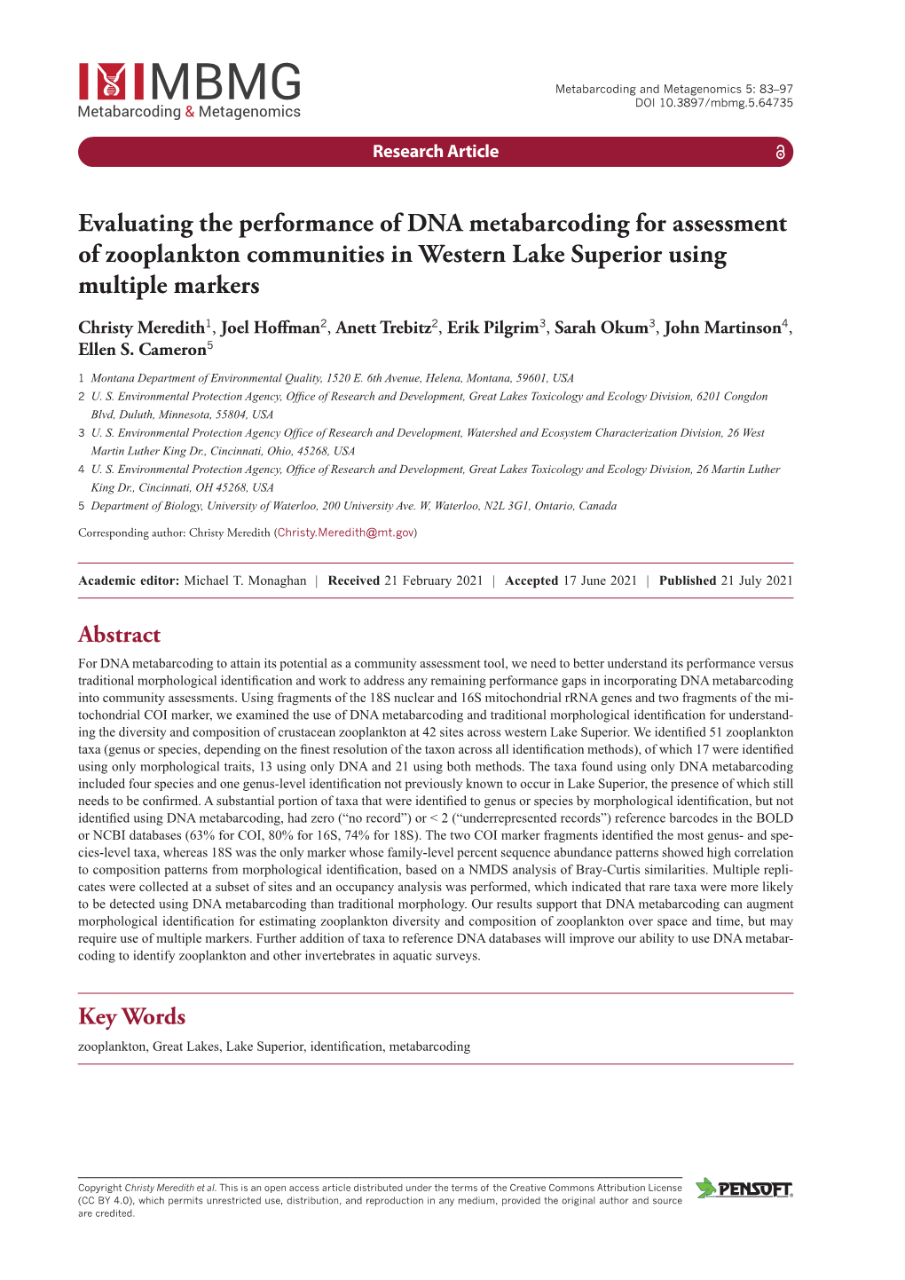 ﻿Evaluating the Performance of DNA Metabarcoding for Assessment Of